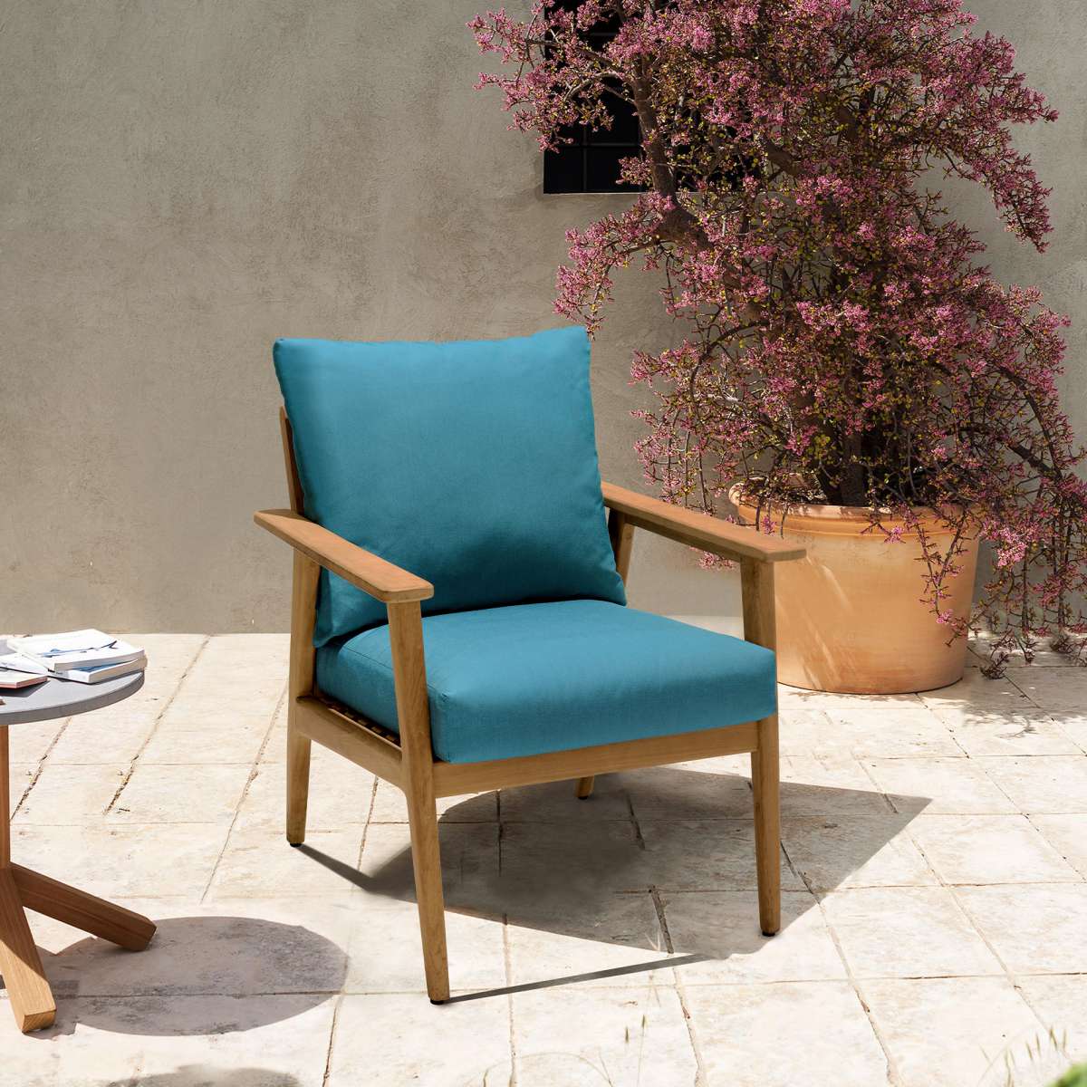 Eve Outdoor Teak Wood Lounge Chair with Teal Olefin By Armen Living