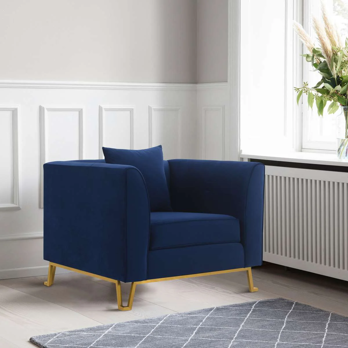 Everest Blue Fabric Upholstered Sofa Accent Chair with Brushed Gold Legs By Armen Living