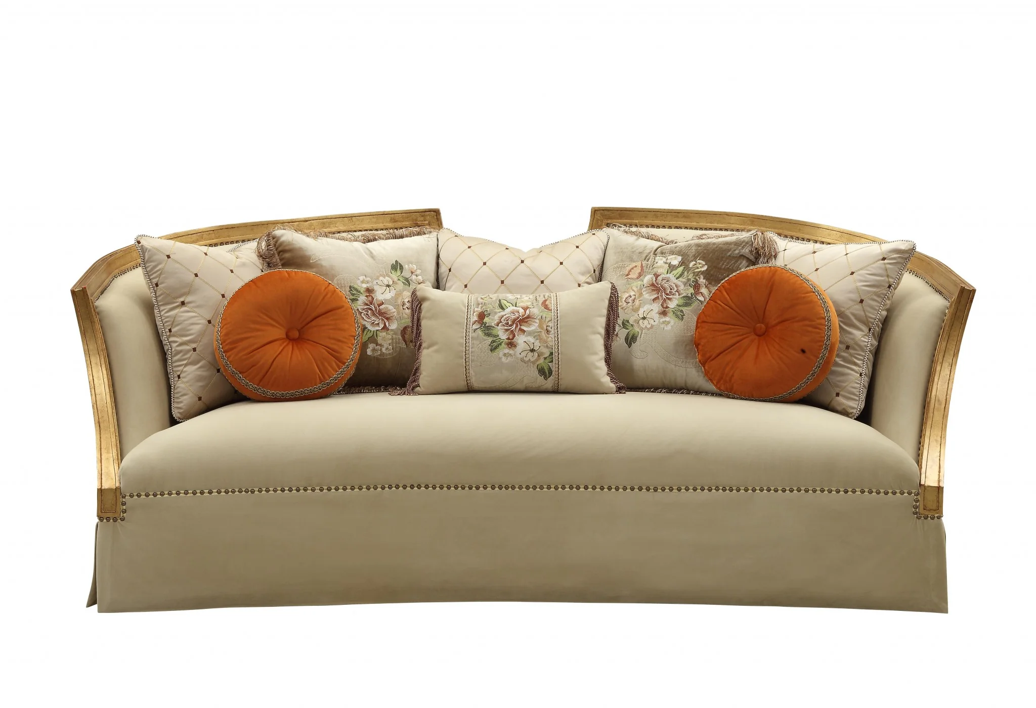 Fabric Antique Gold Upholstery Wood LegTrim Sofa w Pillows By Homeroots