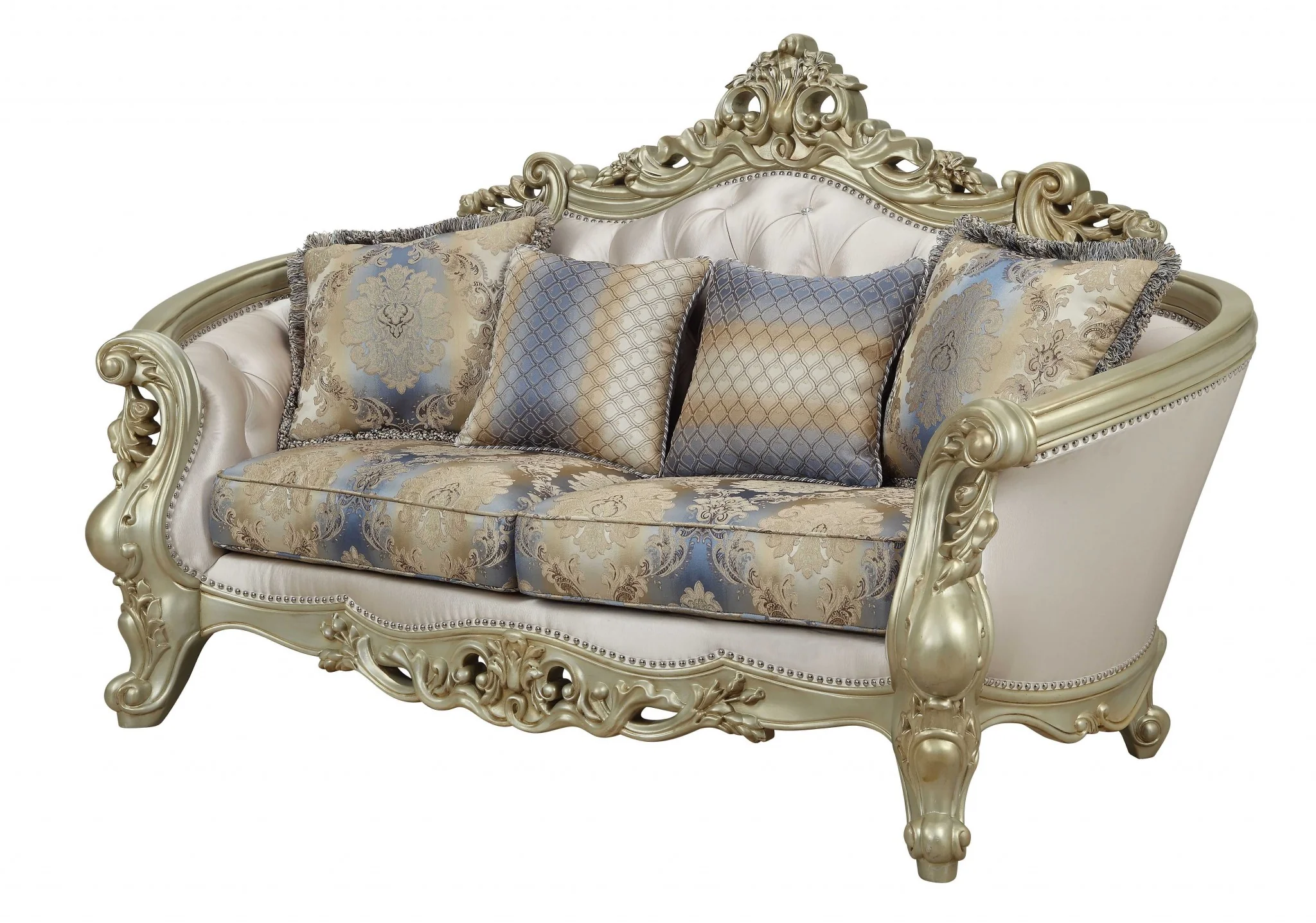 Fabric Antique White Upholstery Poly-Resin Loveseat w Pillows By Homeroots