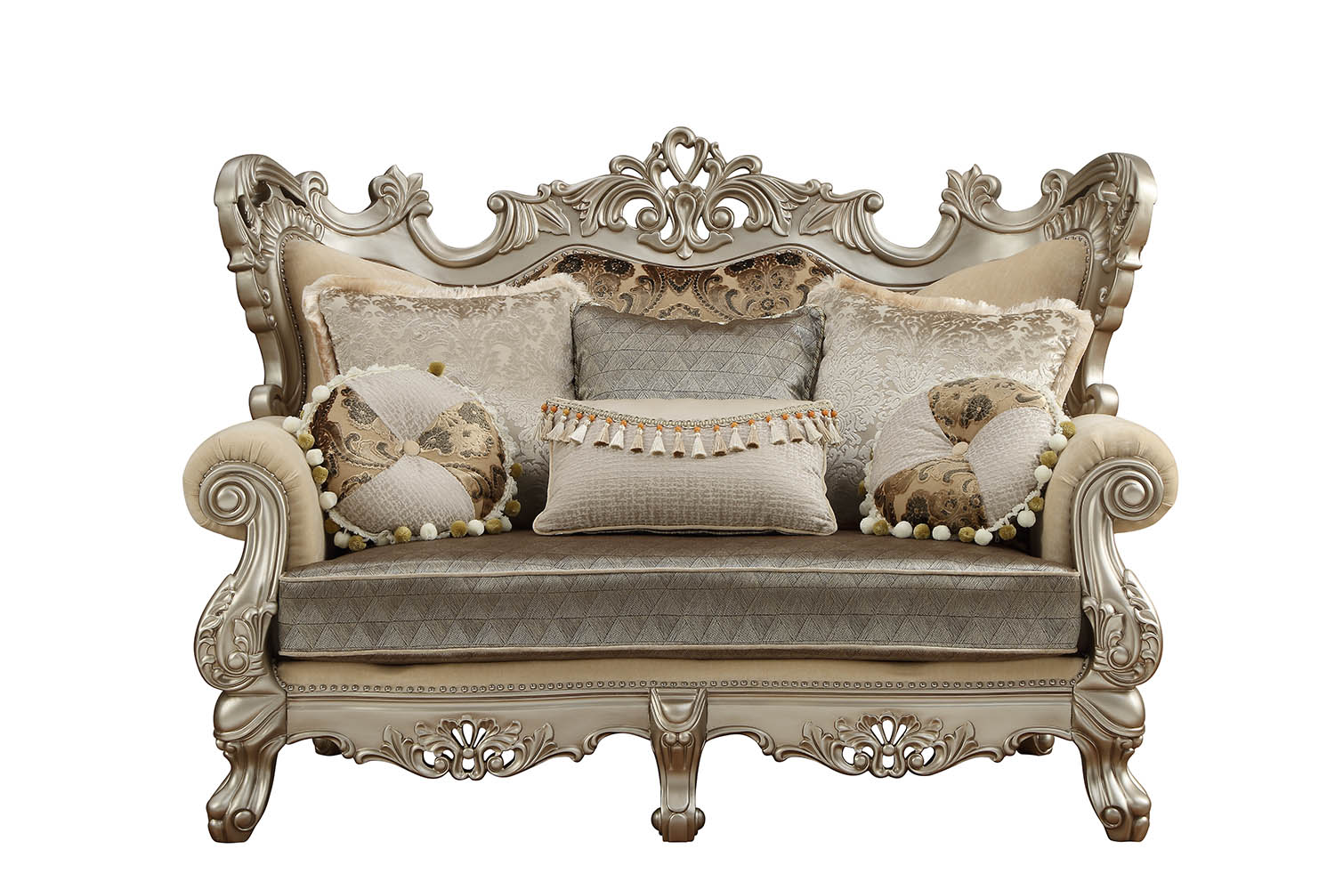 Fabric & Champagne Upholstery Wood LegTrim Loveseat w Pillows By Homeroots