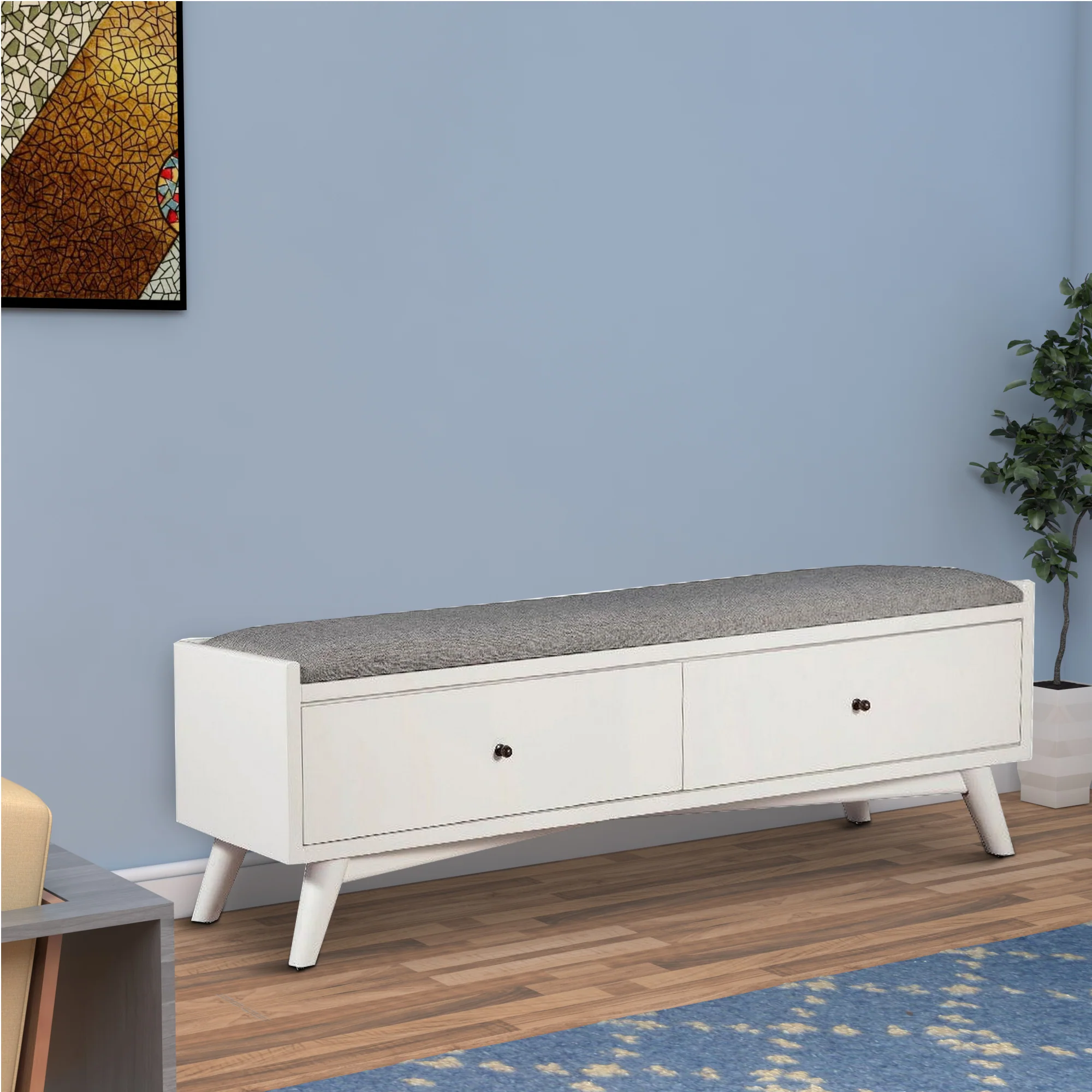 Fabric Upholstered Bedroom Bench with 2 Storage Drawers, White By Benzara