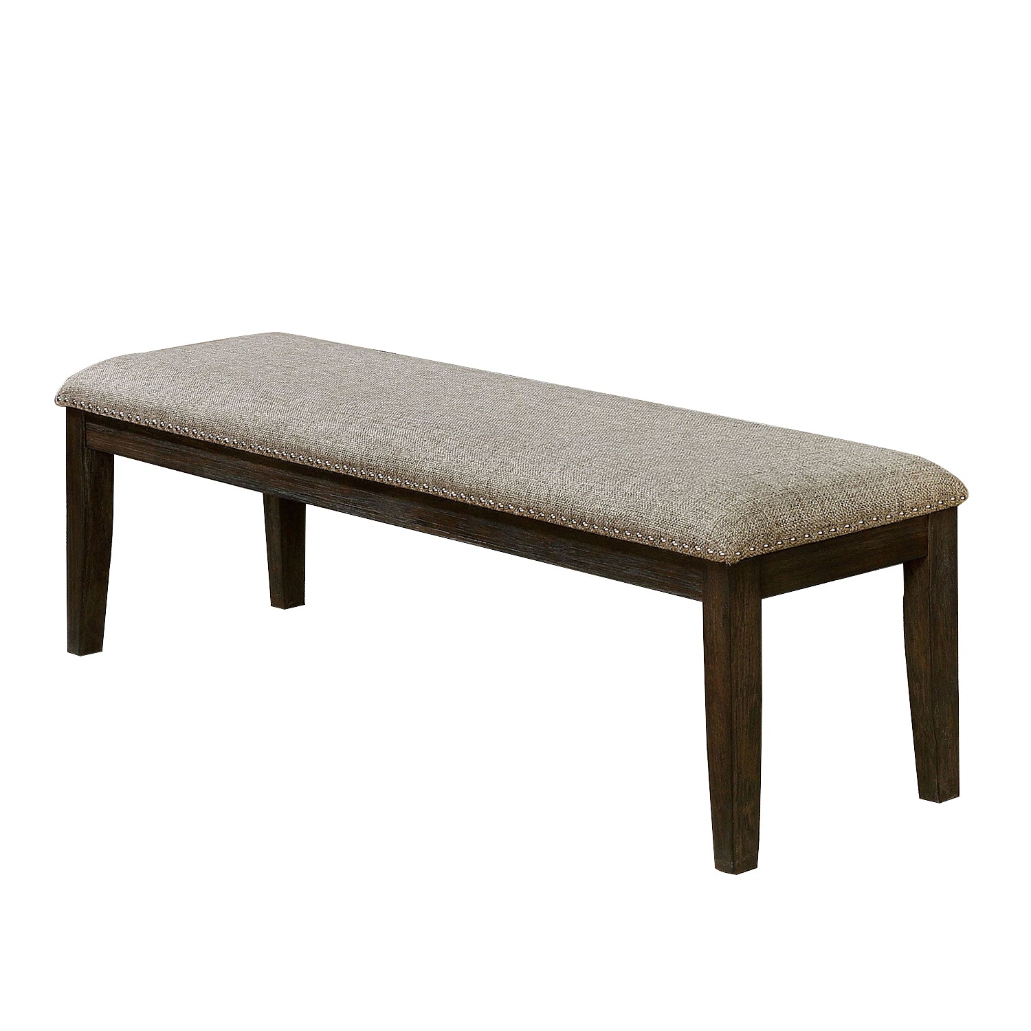 Fabric Upholstered Bench With Nailhead Trim And Tapered Legs, Gray And Espresso By Benzara