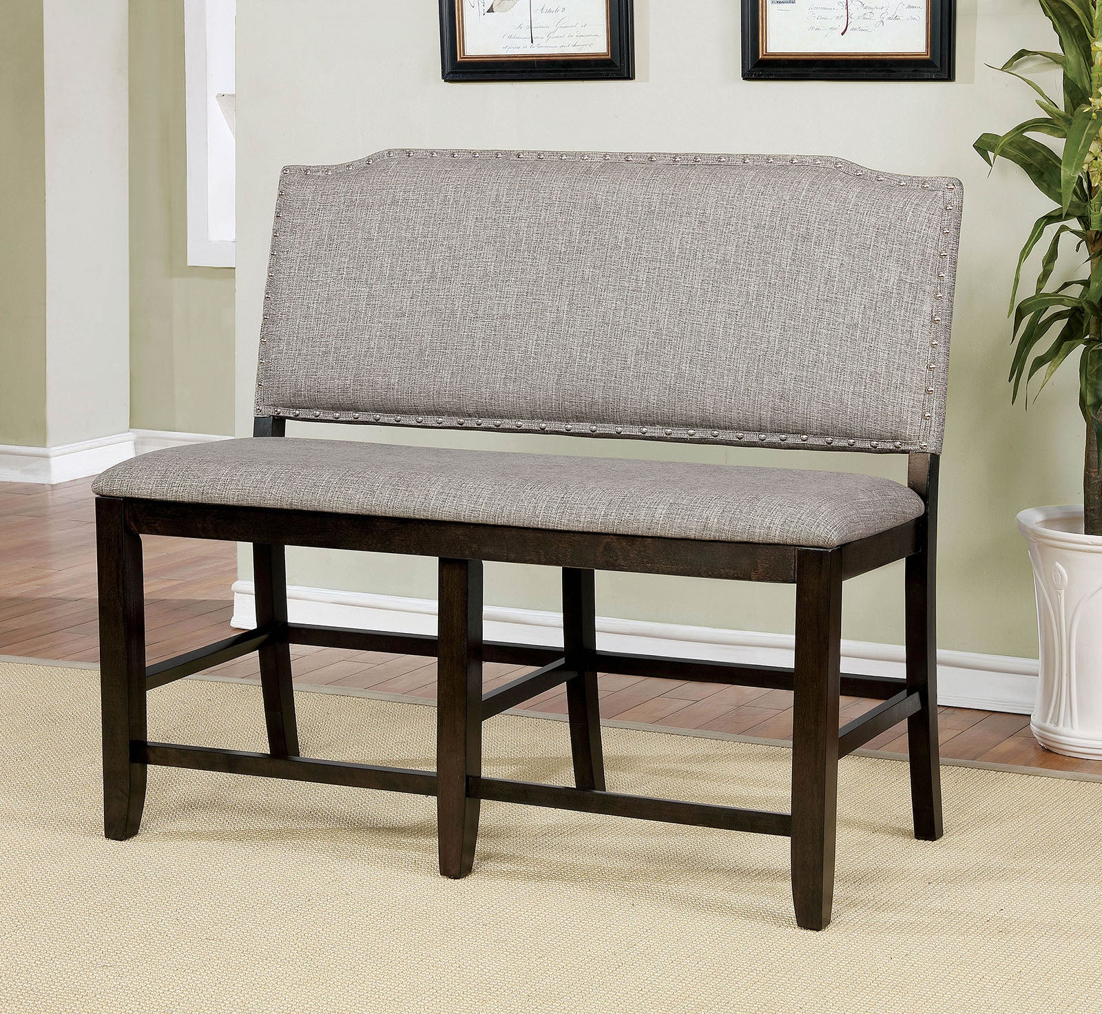 Fabric Upholstered Wooden Counter Height Bench, Gray and Brown By Benzara