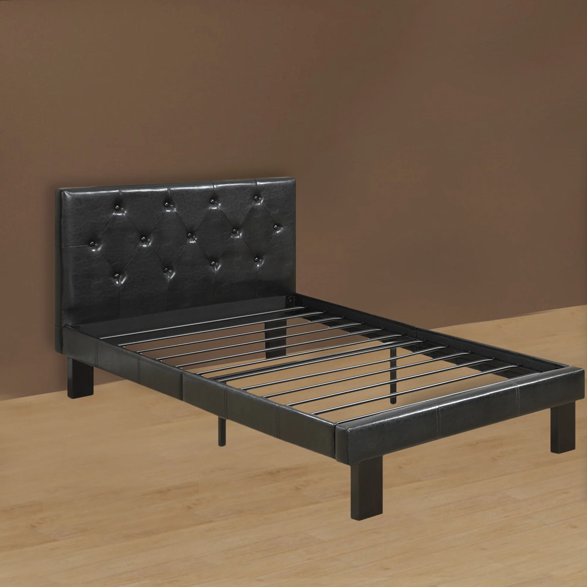 Faux Leather Upholstered Full Size Bed With Tufted Headboard, Black By Benzara