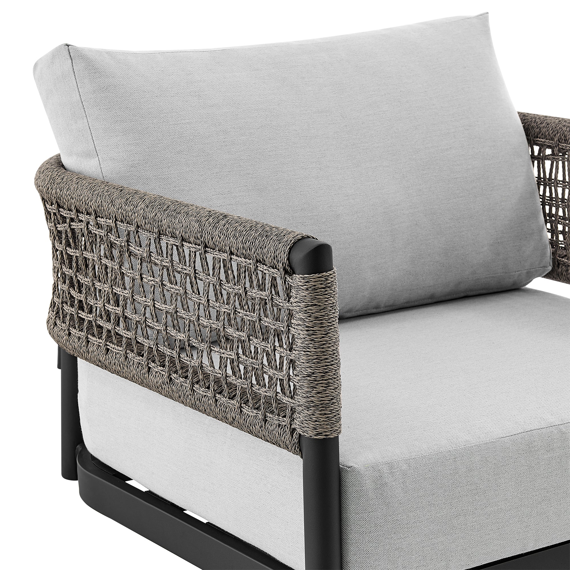 Felicia and Argiope 3 Piece Patio Outdoor Swivel Seating Set in Black Aluminum with Grey Rope and Cushions By Armen Living - Image 8
