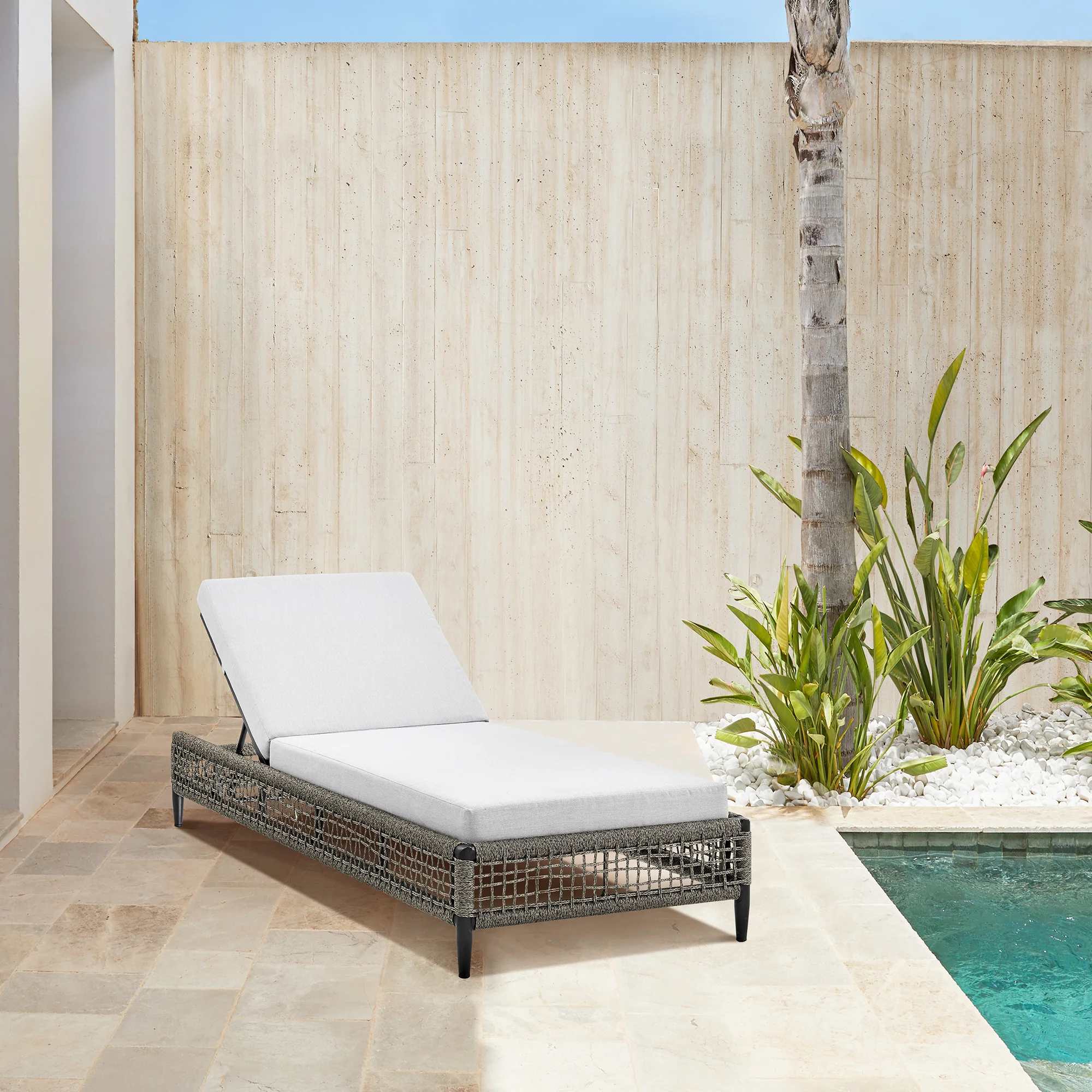 Felicia Outdoor Patio Adjustable Chaise Lounge Chair in Aluminum with Grey Rope and Cushions By Armen Living