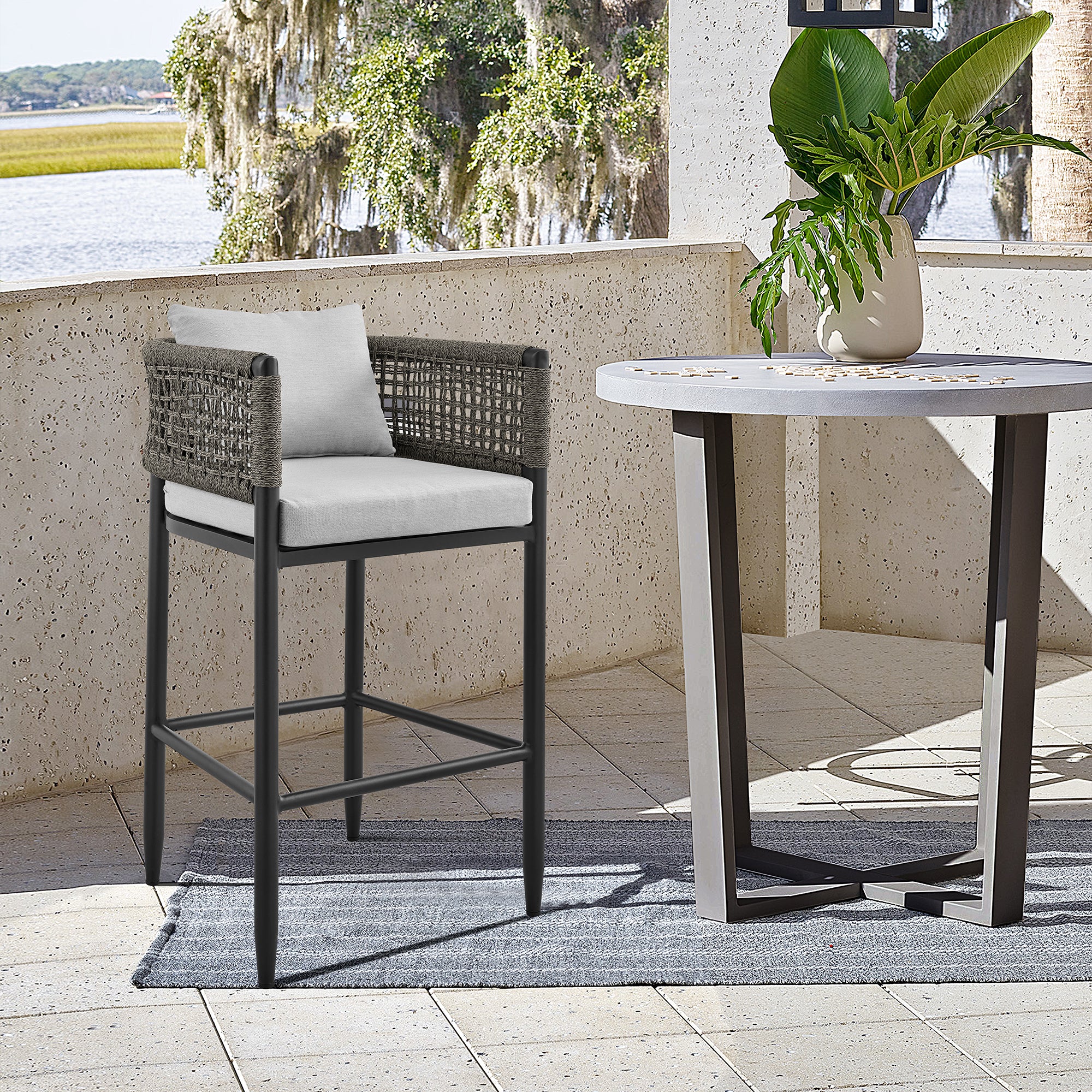 Felicia Outdoor Patio Bar Stool in Aluminum with Grey Rope and Cushions By Armen Living