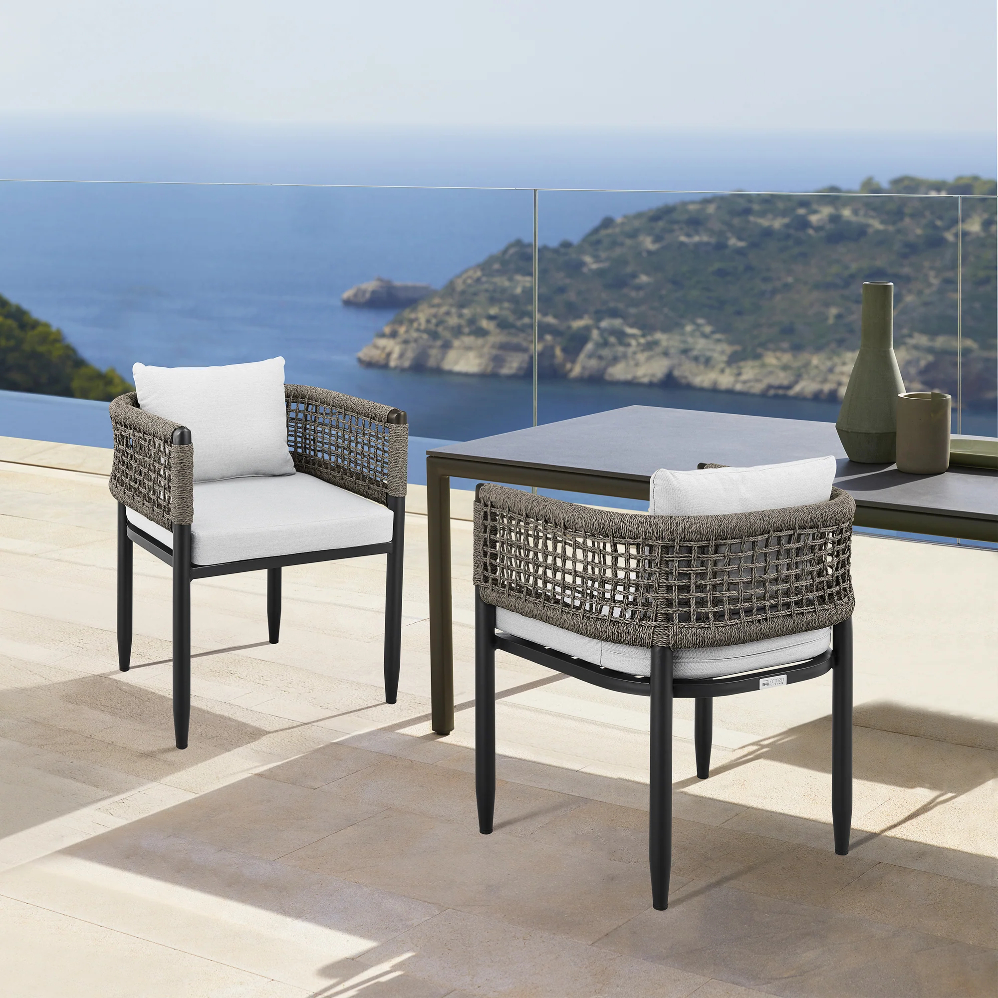 Felicia Outdoor Patio Dining Chair in Aluminum with Grey Rope and Cushions - Set of 2 By Armen Living