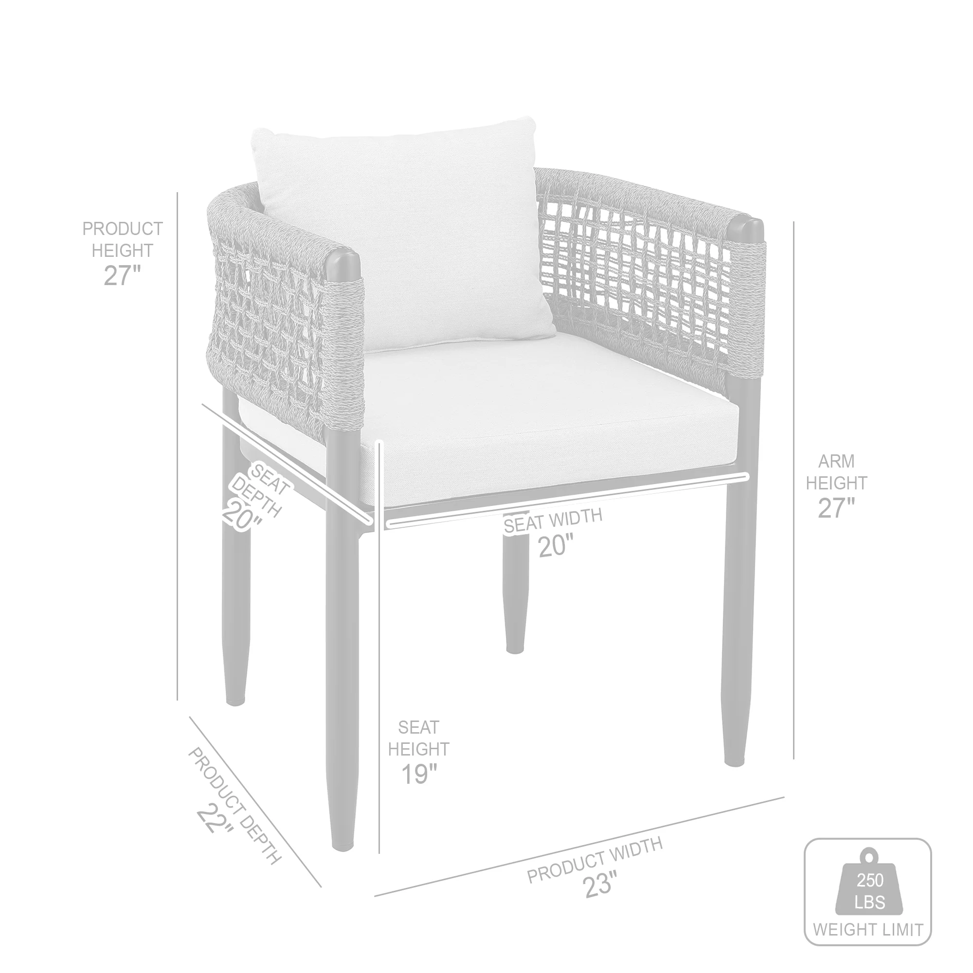 Felicia Outdoor Patio Dining Chair in Aluminum with Grey Rope and Cushions - Set of 2 By Armen Living - Image 10