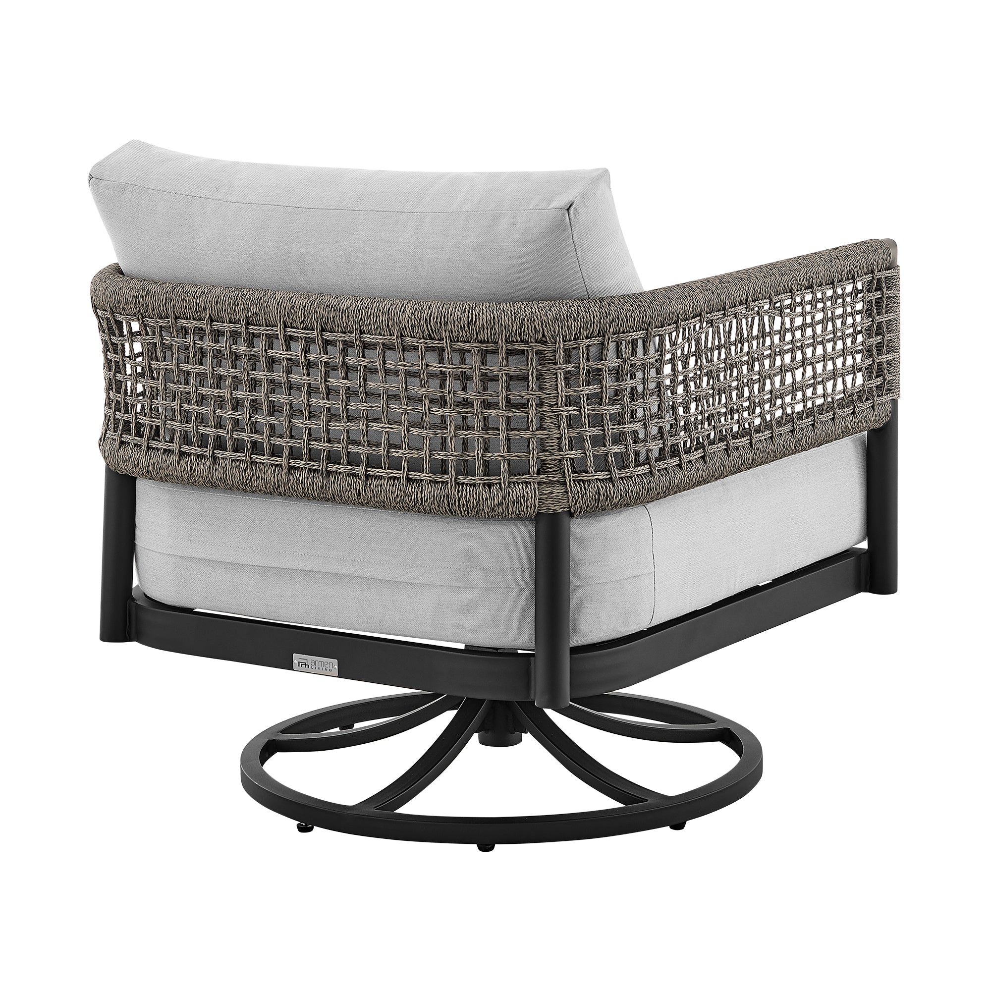Felicia Outdoor Patio Swivel Rocking Chair in Black Aluminum and Grey Rope with Cushions By Armen Living - Image 5