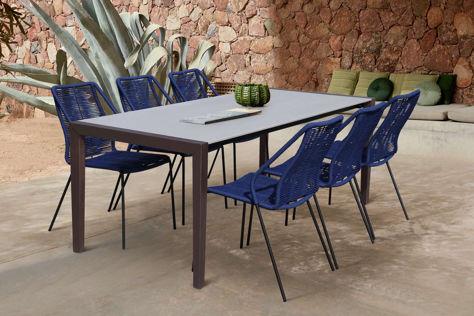 Fineline and Clip Indoor Outdoor 7 Piece Dining Set in Dark Eucalyptus Wood with Superstone and Blue Rope By Armen Living