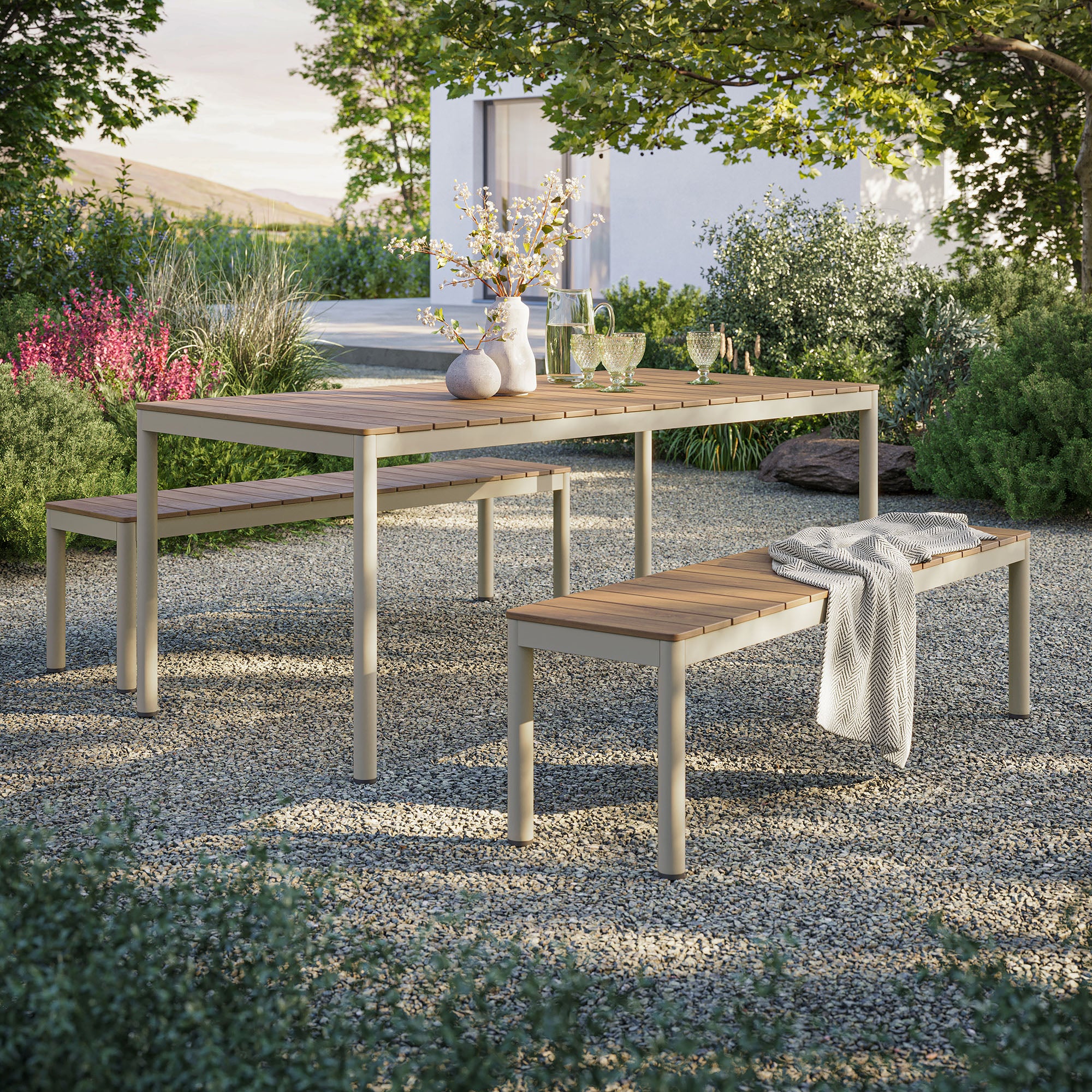 Finn Outdoor Patio Aluminum Faux Wood Dining Set with Benches by Modway