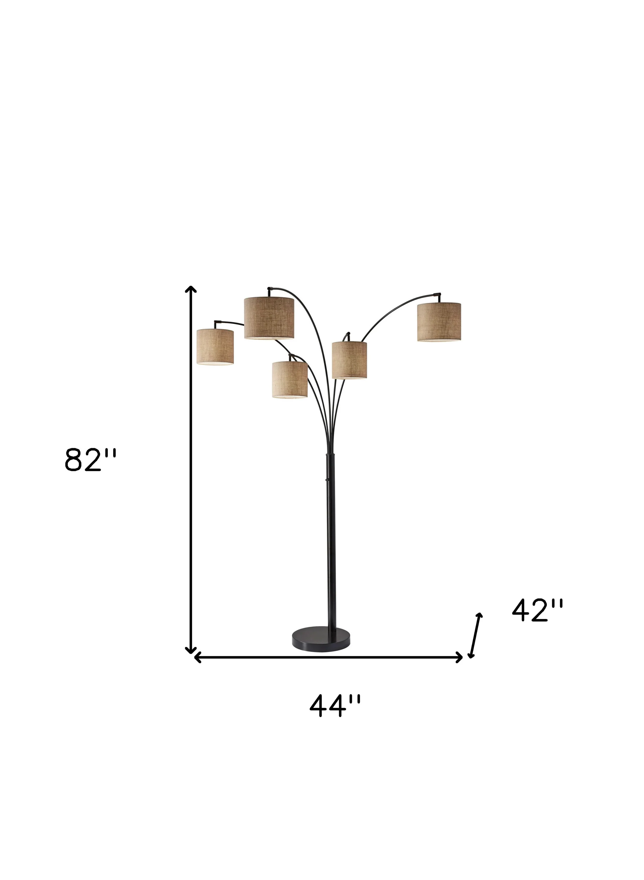 Five Light Floor Lamp Bronze Metal Arc Arms and Petite Burlap Drum Shades