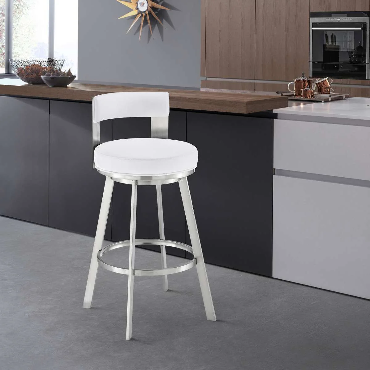 Flynn 30" Swivel Bar Stool in Brushed Stainless Steel with Black Faux Leather By Armen Living - Image 15