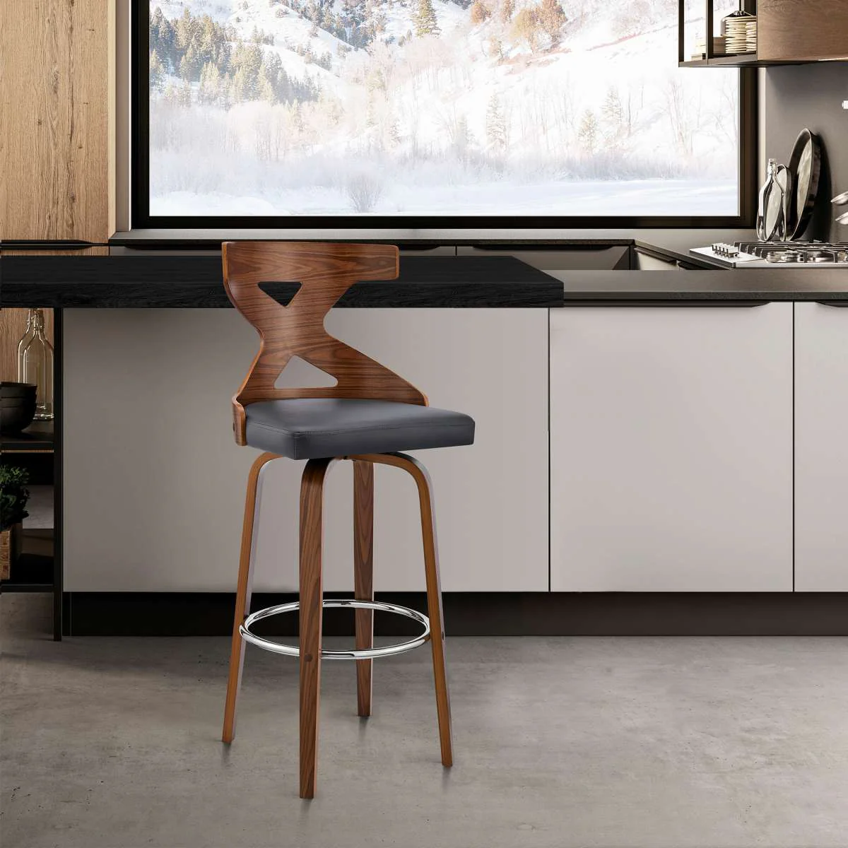 Gayle 26" Swivel Cross Back Grey Faux Leather and Walnut Wood Bar Stool By Armen Living