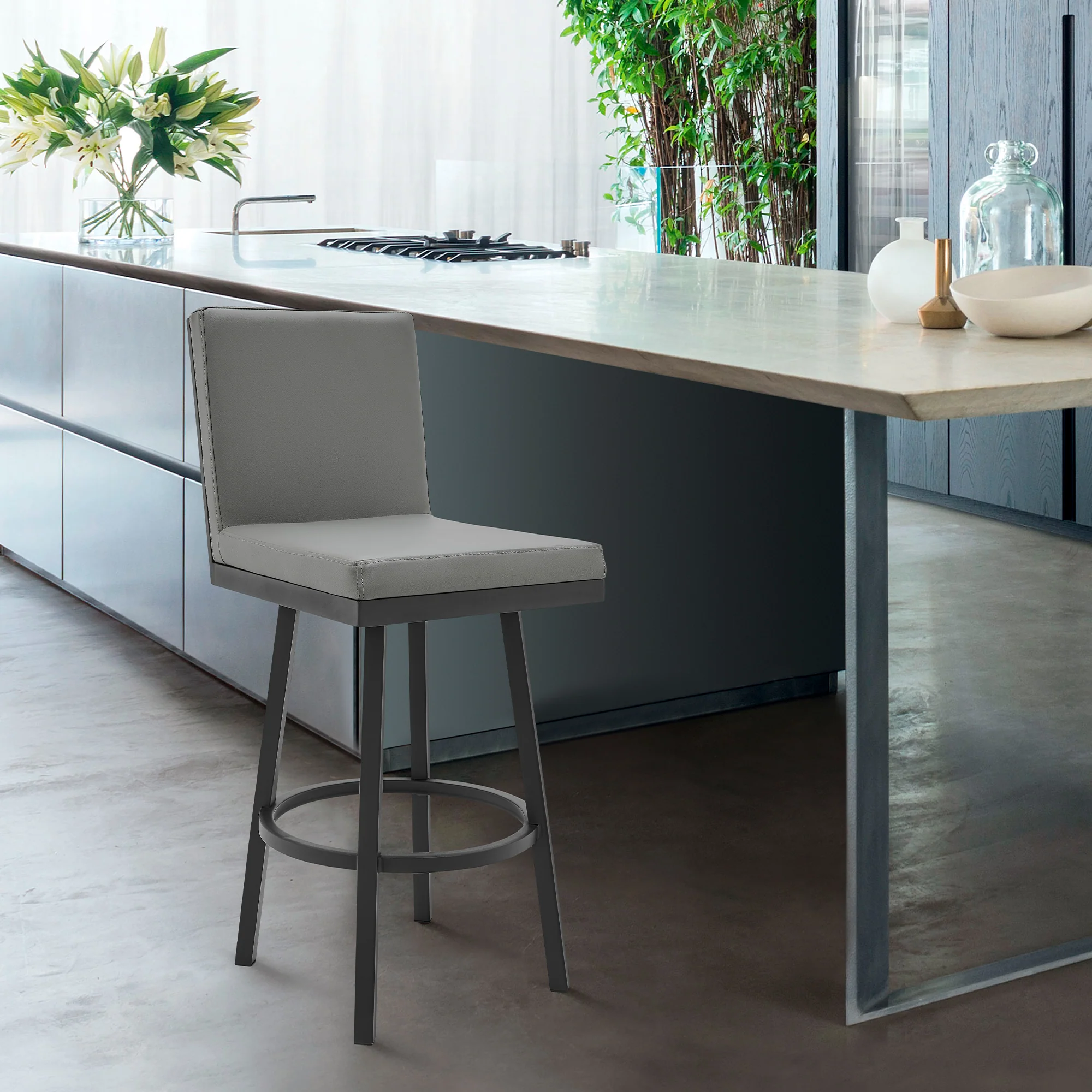 Gem 26" Swivel Modern Black Metal and Gray Faux Leather Bar and Counter Stool By Armen Living