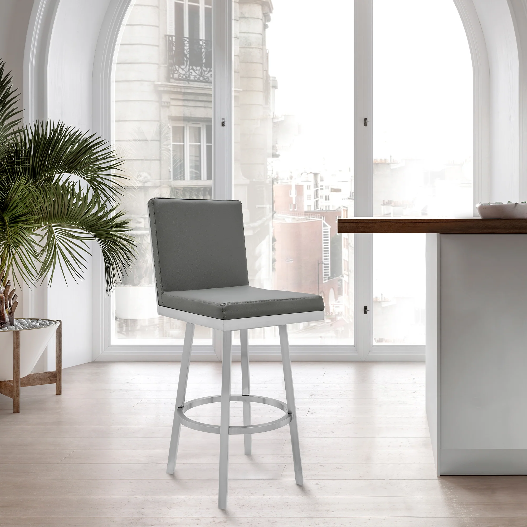 Gem 26" Swivel Modern Metal and Gray Faux Leather Bar and Counter Stool By Armen Living
