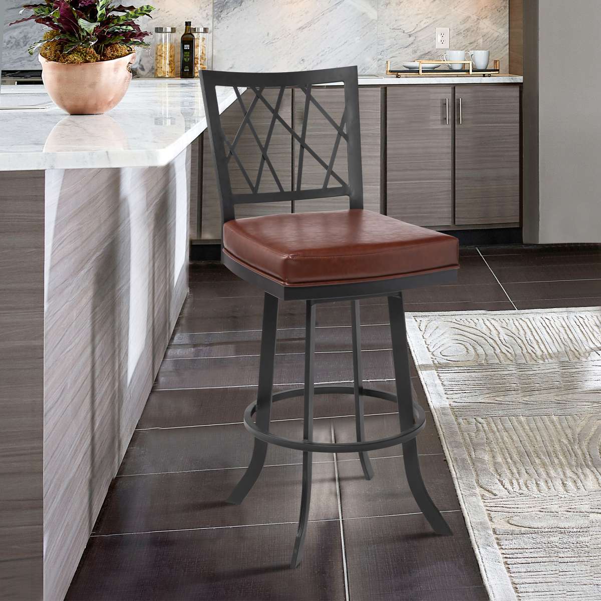 Giselle Contemporary 30" Bar Height Barstool in Matte Black Finish and Vintage Coffee Faux Leather By Armen Living