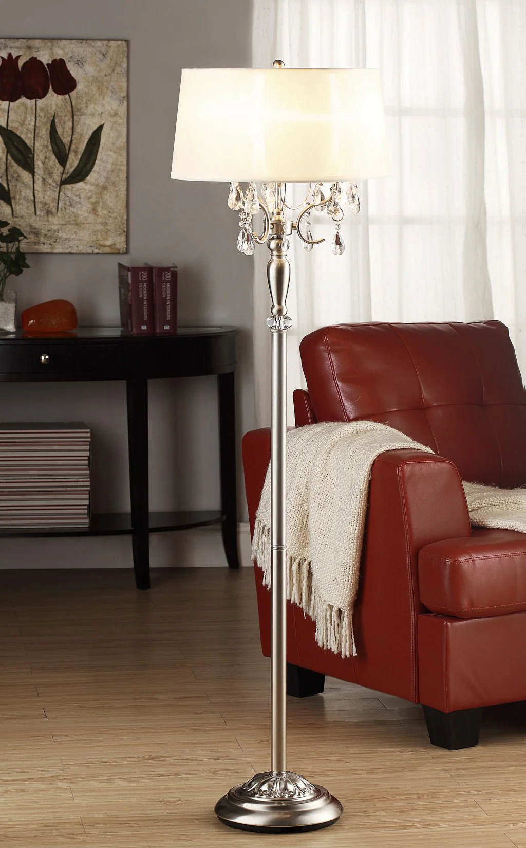 Glamorous Silver and Faux Crystal Candleabra Metal Floor Lamp By Homeroots