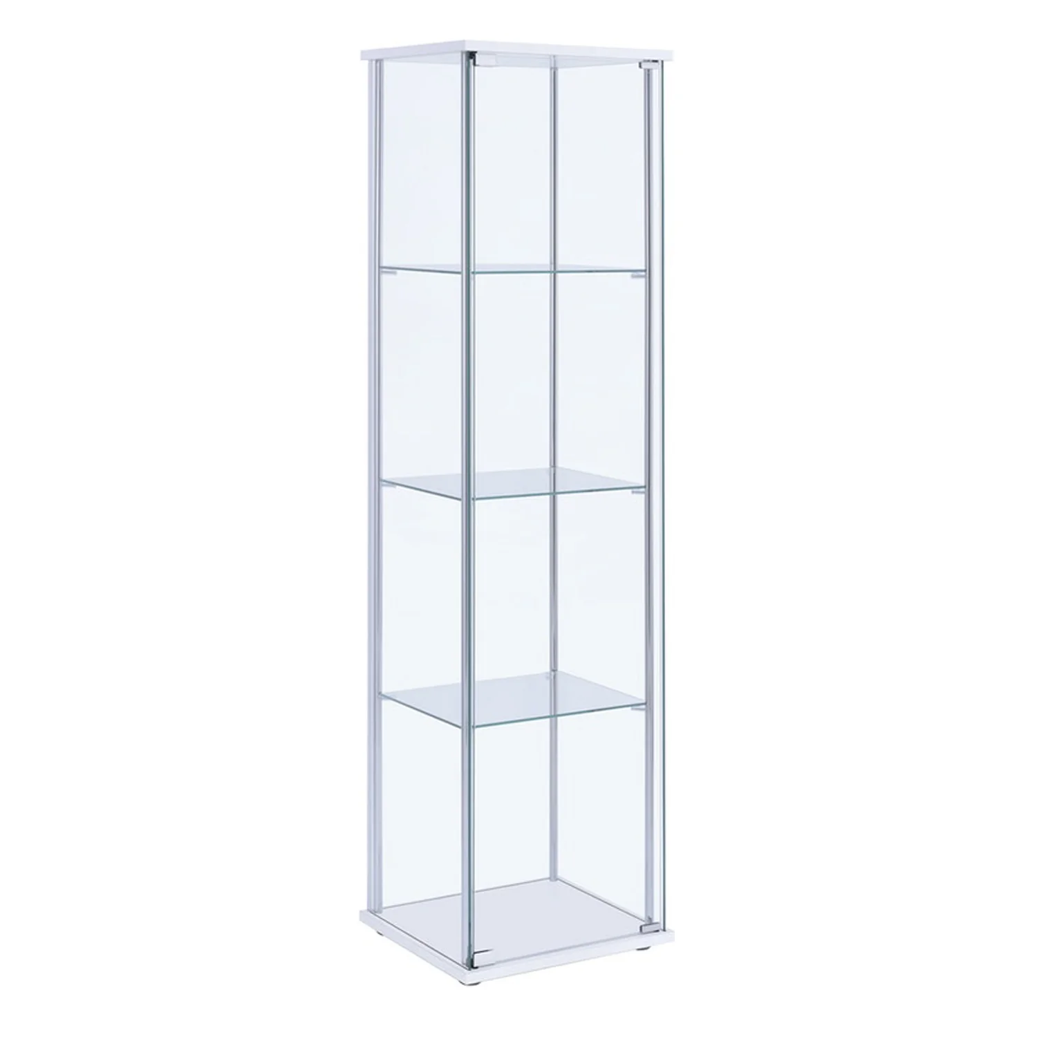 Glass And Metal Curio Cabinet With 4 Shelves, Clear And White By Benzara
