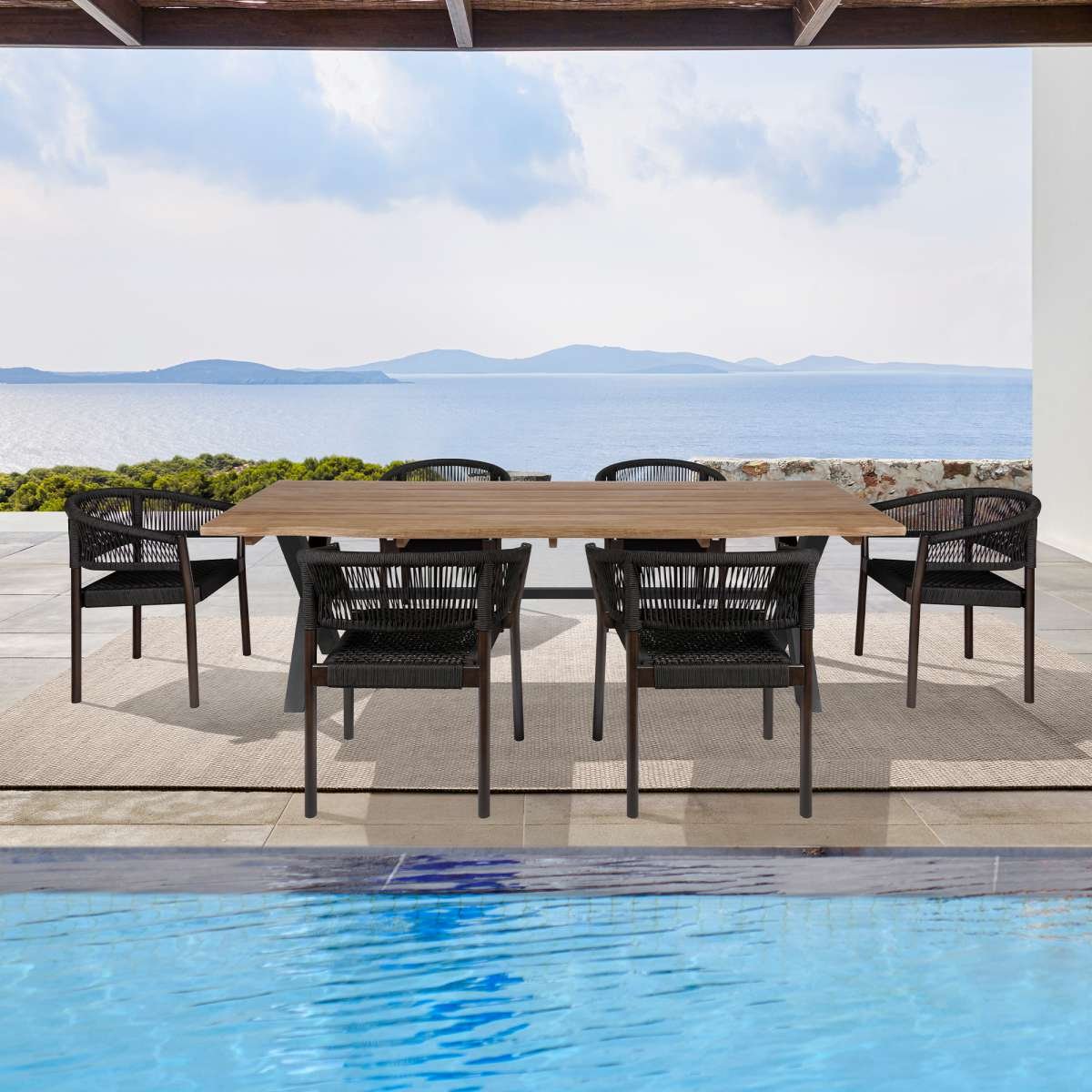 Glendora Doris Outdoor Patio 7 Piece Live Edge Dining Set in Eucalyptus Wood and Black Rope By Armen Living