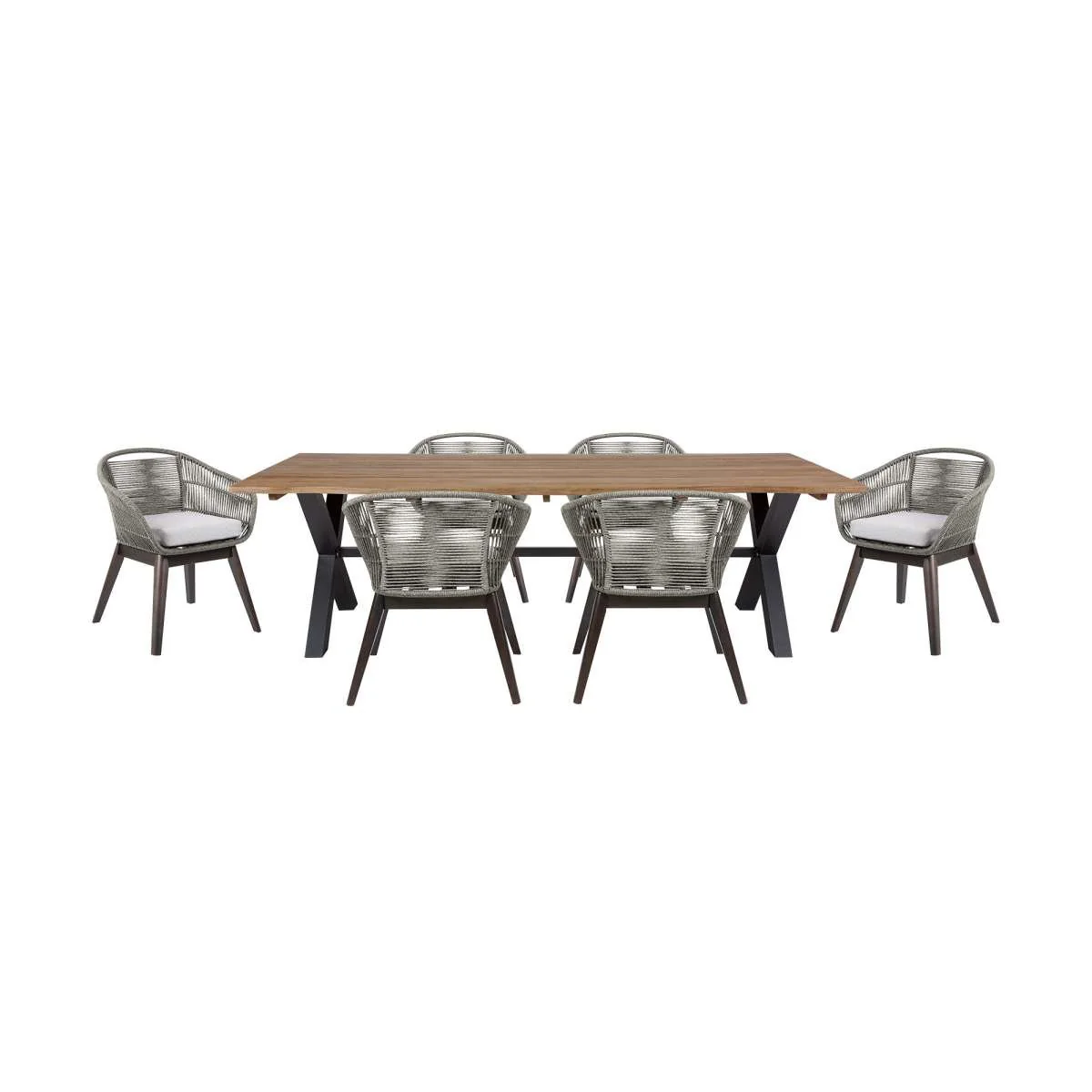 Glendora Tutti Frutti Outdoor Patio 7 Piece Live Edge Dining Set in Eucalyptus Wood Gray Rope and Cushions By Armen Living - Image 2