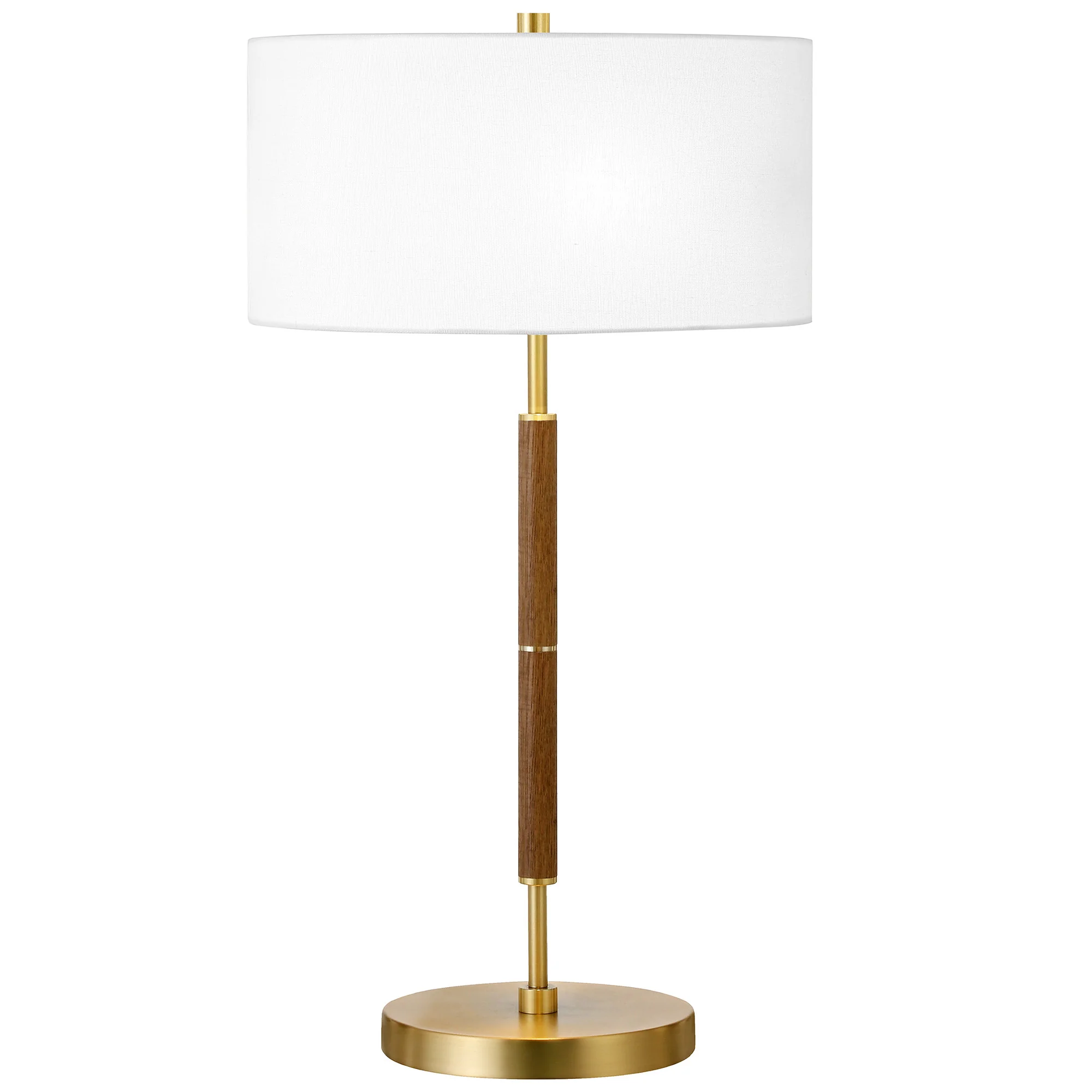 Gold and Oak Metal Two Light Table Lamp With White Drum Shade By Homeroots