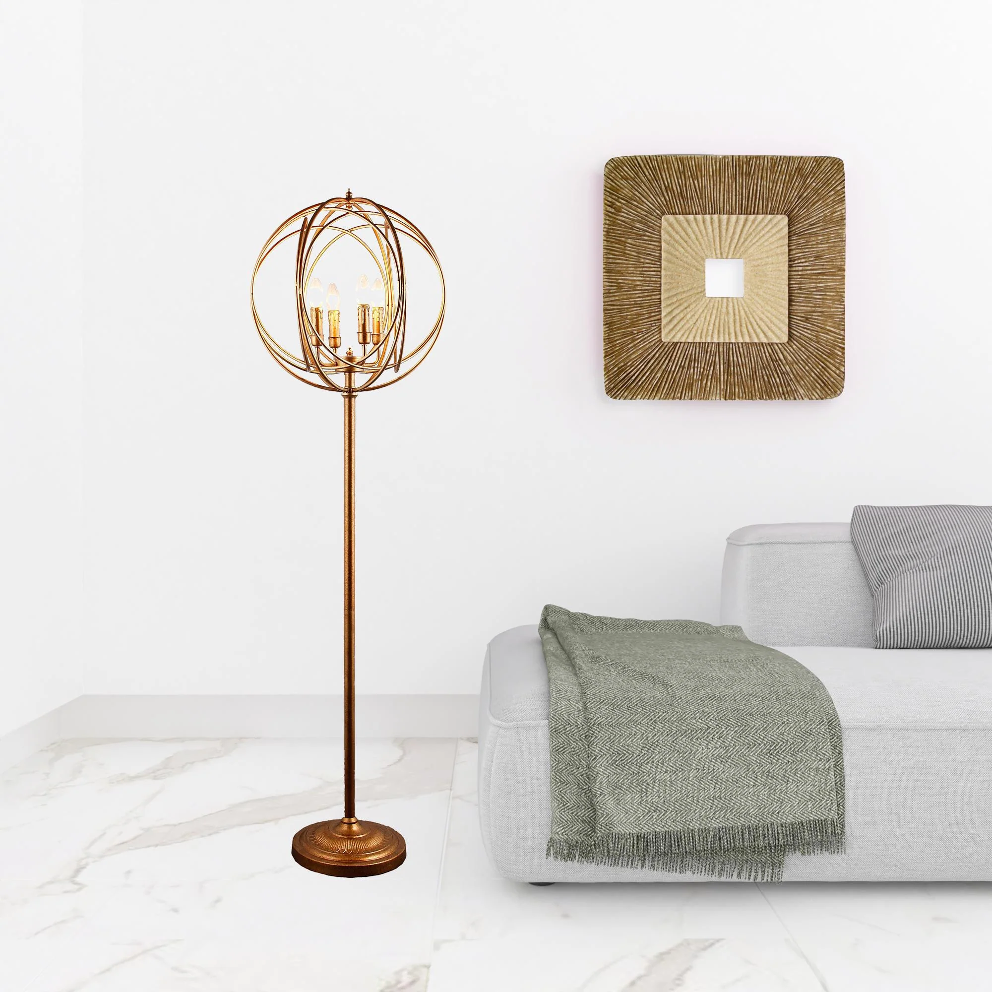 Gold Four Light Floor Lamp With Modern Gold Geometric Globe Shade By Homeroots - Image 2
