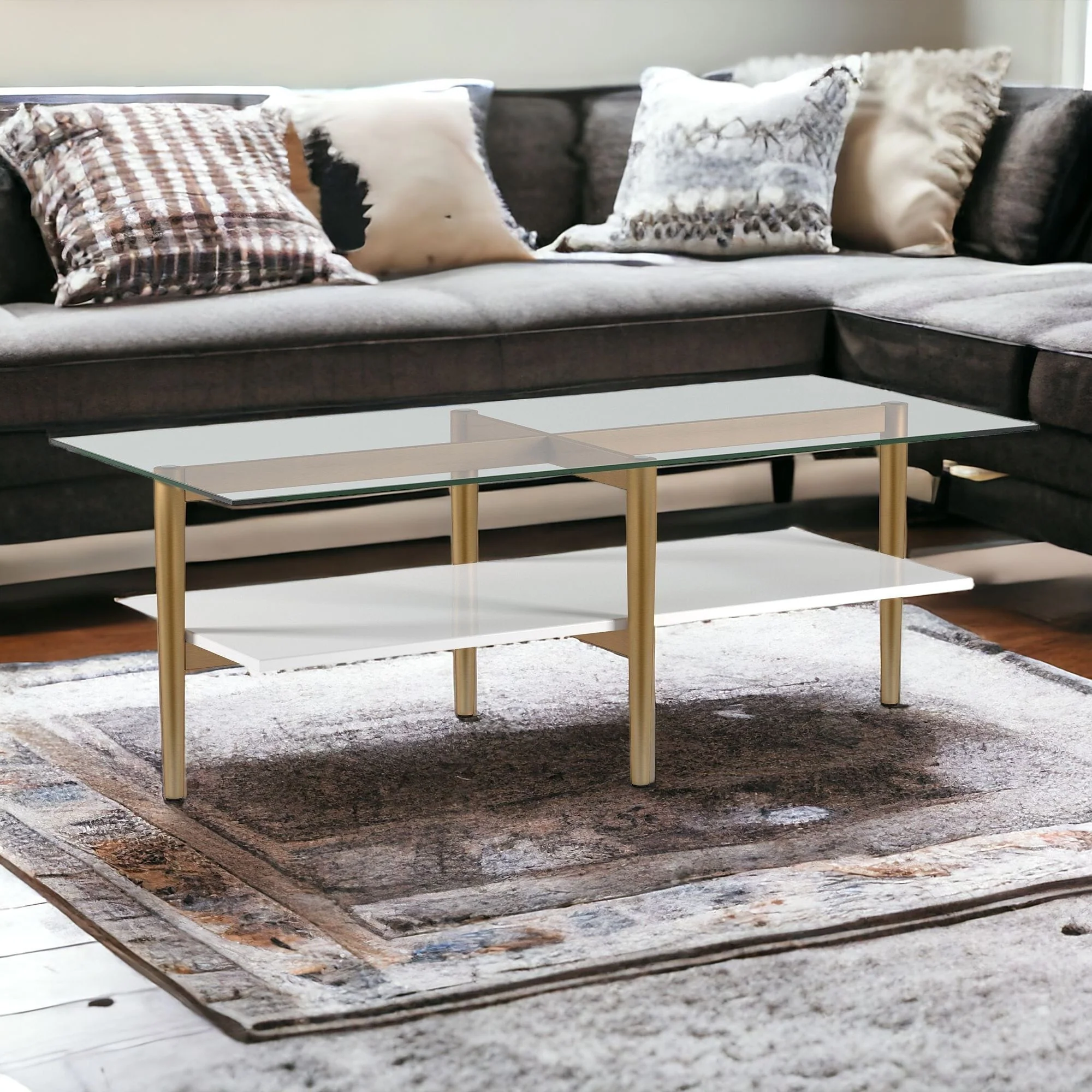 Gold Glass And Steel Coffee Table With Shelf By Homeroots