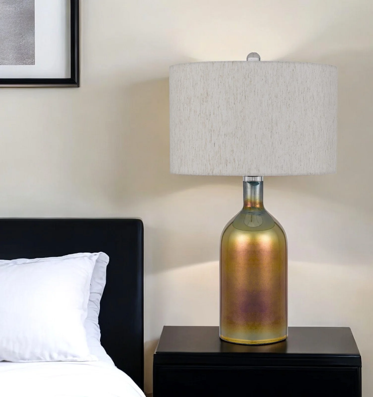 Gold Glass Novelty Table Lamp With Gray Drum Shade By Homeroots