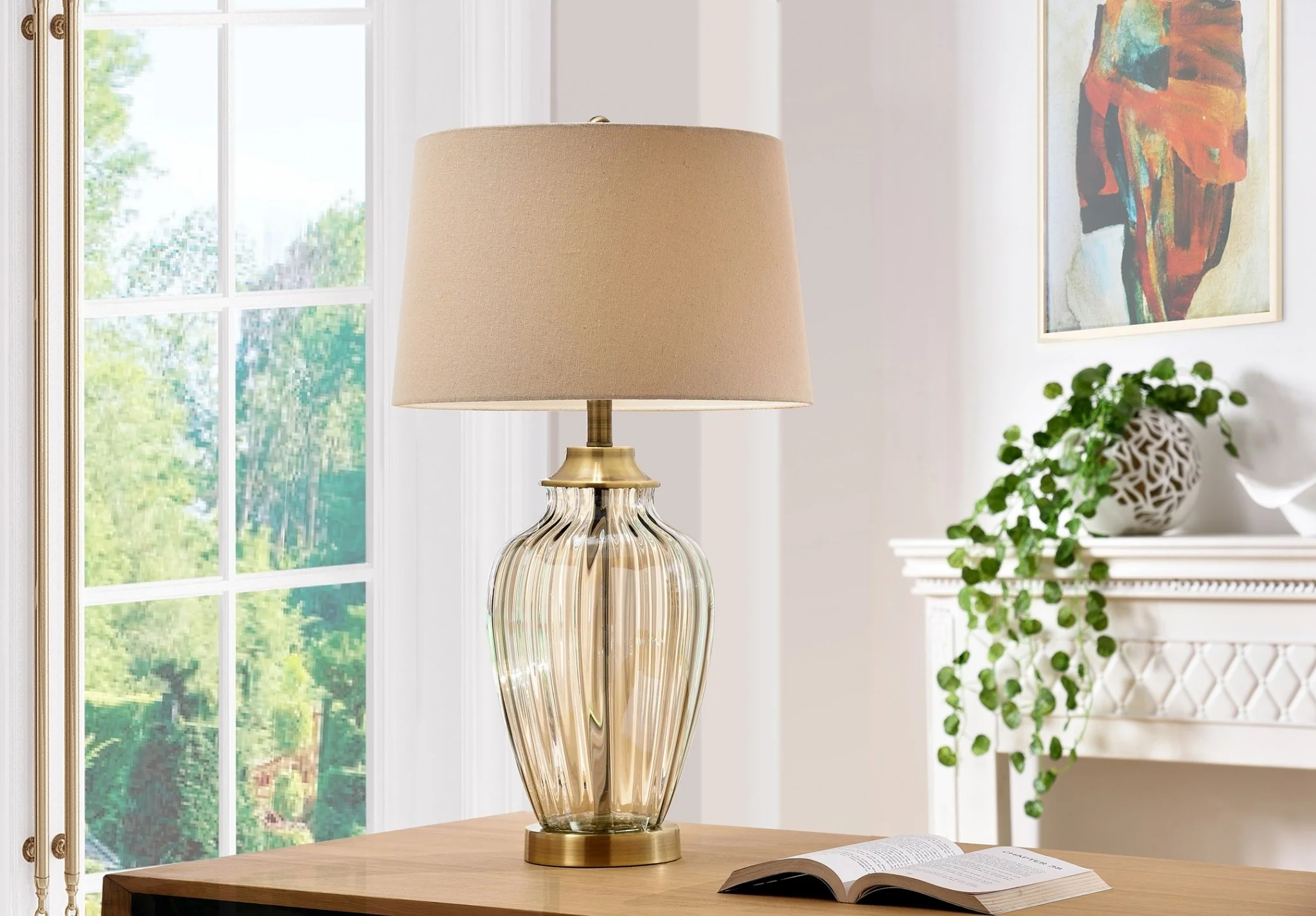 Golden Hue Glass Table Lamp with Cream Fabric Shade By Homeroots