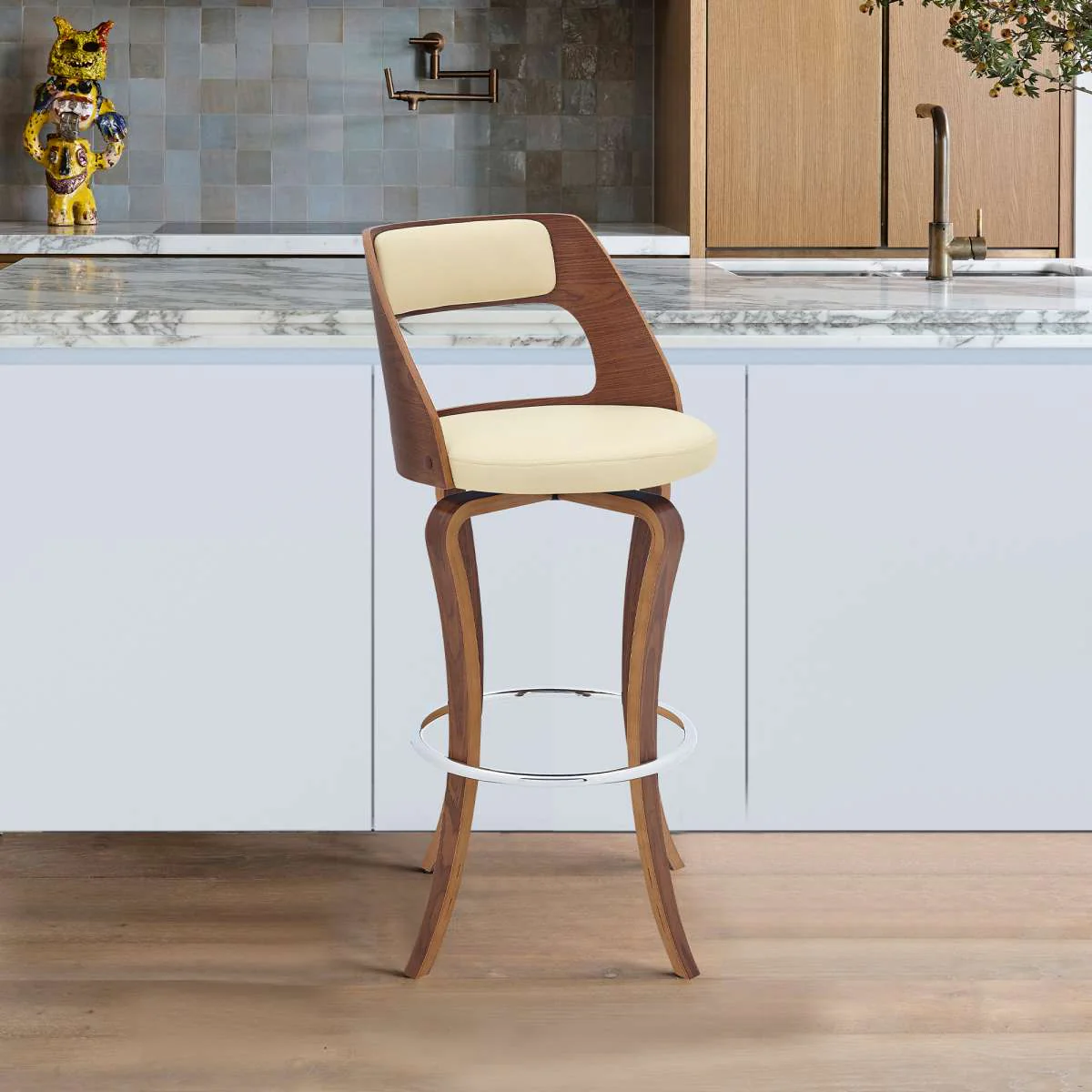 Grady 30" Swivel Cream Faux Leather and Walnut Wood Bar Stool By Armen Living