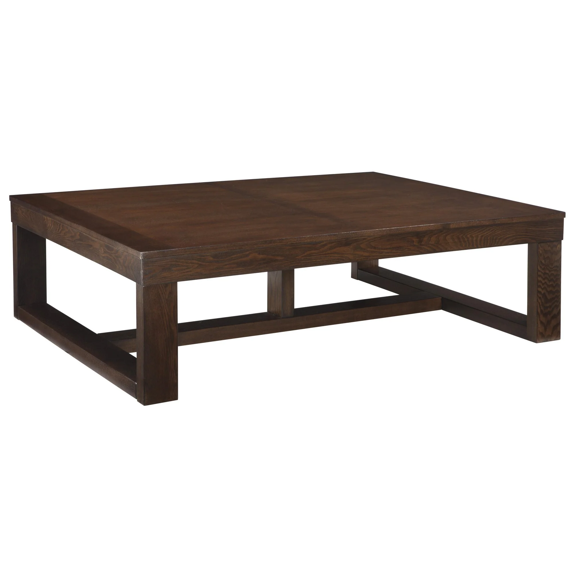 Grained Wooden Frame Cocktail Table With Trestle Base, Dark Brown By Benzara