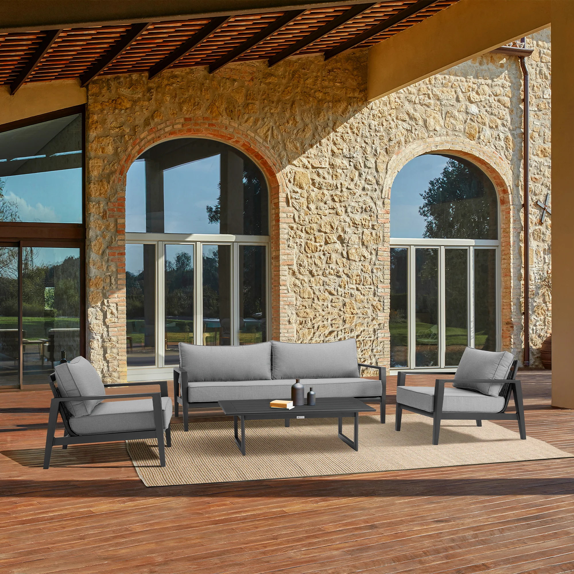 Grand 4 Piece Black Aluminum Outdoor Seating Set with Dark Gray Cushions By Armen Living