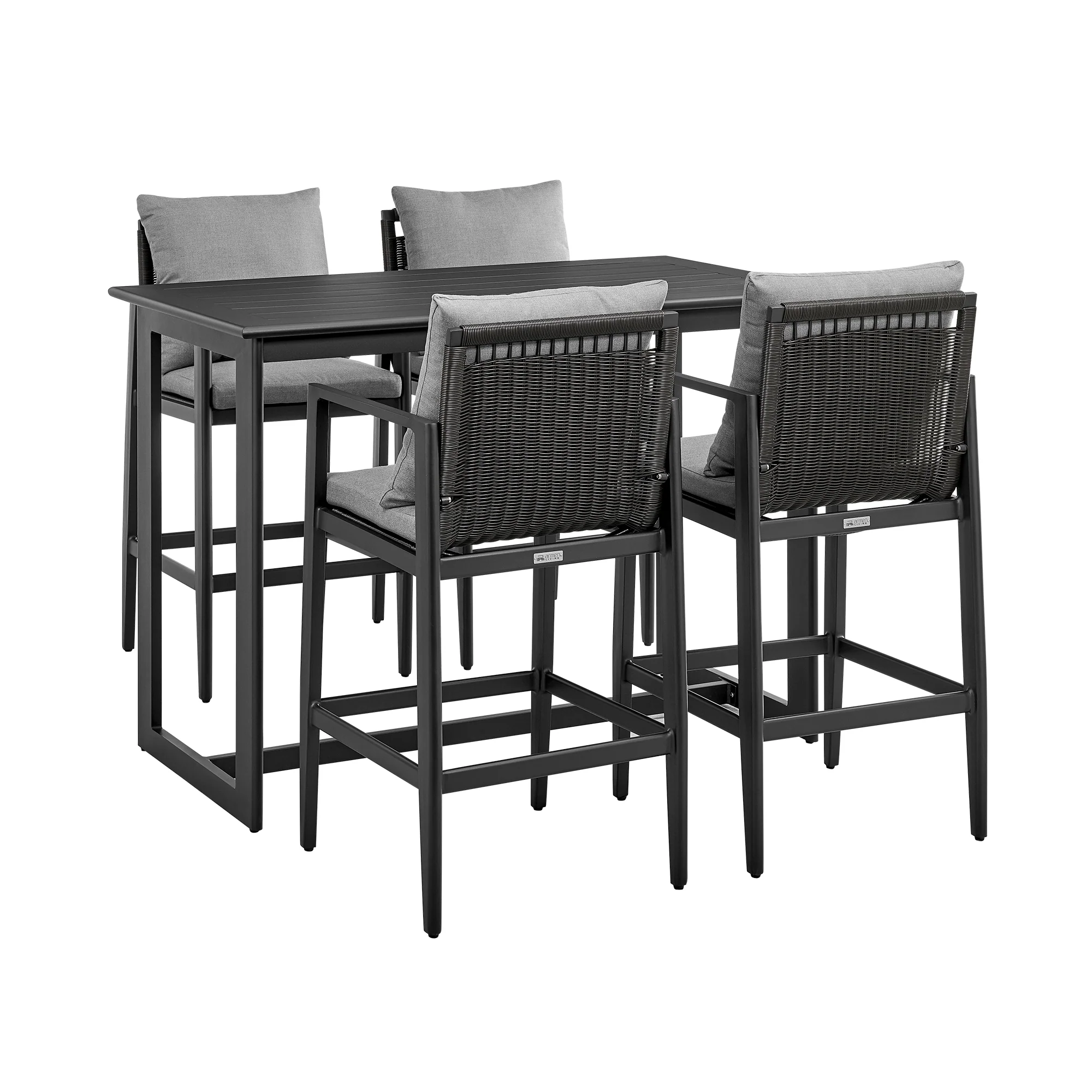 Grand Outdoor Patio 5-Piece Bar Table Set in Aluminum with Grey Cushions By Armen Living - Image 2