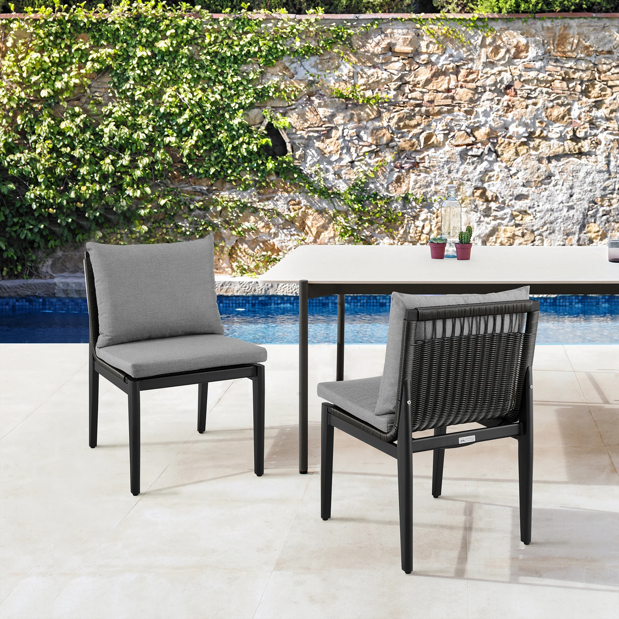 Grand Outdoor Patio Dining Chairs in Aluminum with Grey Cushions - Set of 2 By Armen Living