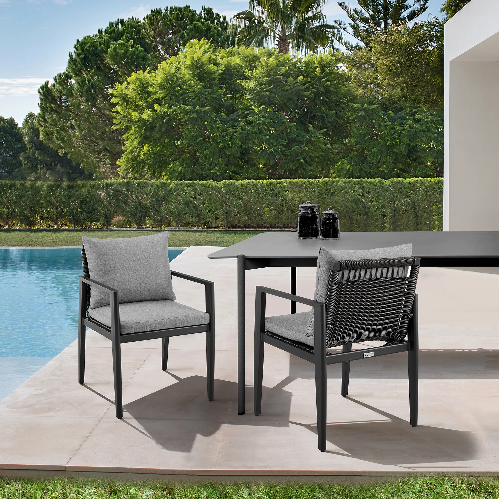 Grand Outdoor Patio Dining Chairs with Arms in Aluminum with Grey Cushions - Set of 2 By Armen Living