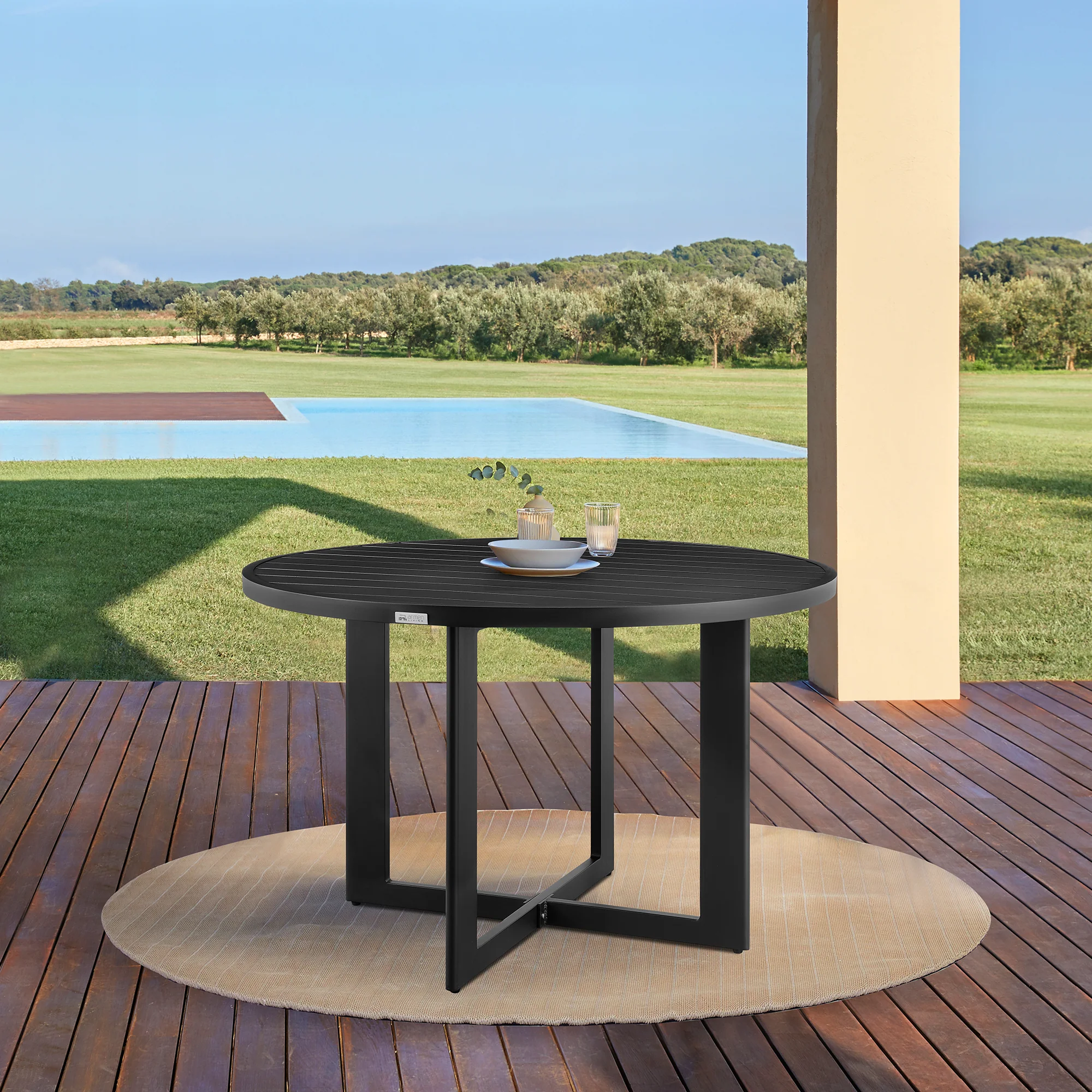 Grand Outdoor Patio Round Dining Table in Aluminum By Armen Living