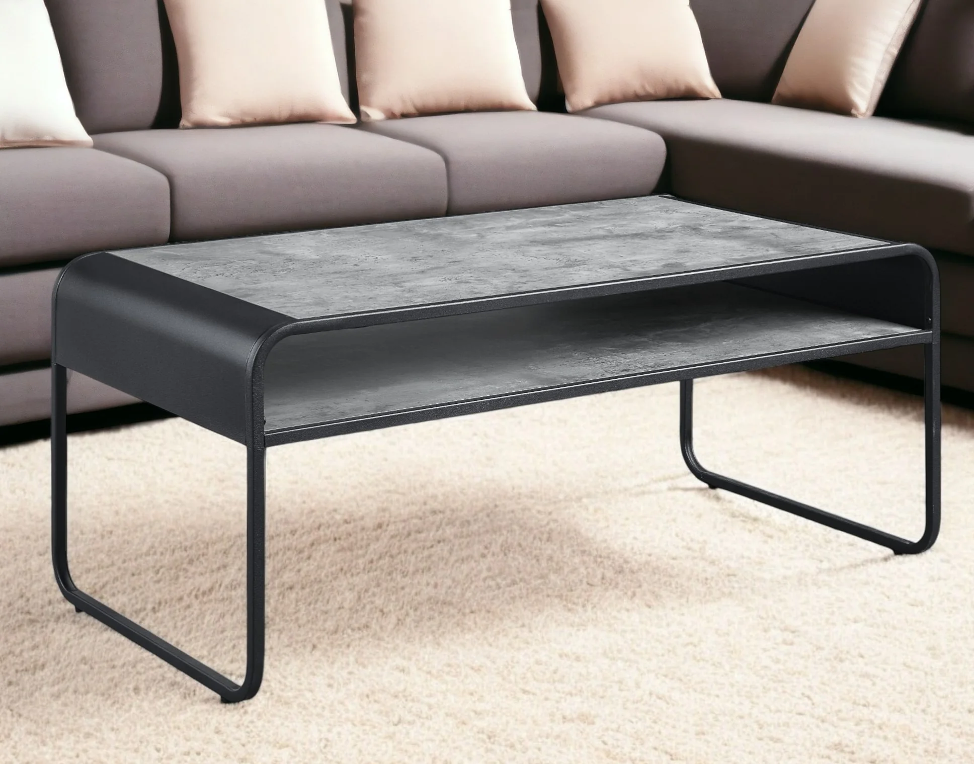 Gray and Black Concrete And Metal Sled Coffee Table With Shelf By Homeroots