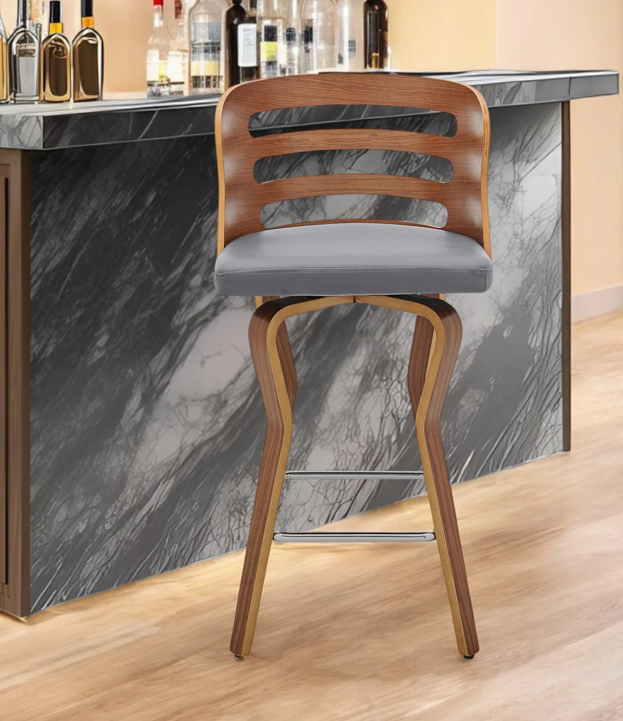Gray and Brown Faux Leather Low Back Counter Height Swivel Bar Chair By Homeroots