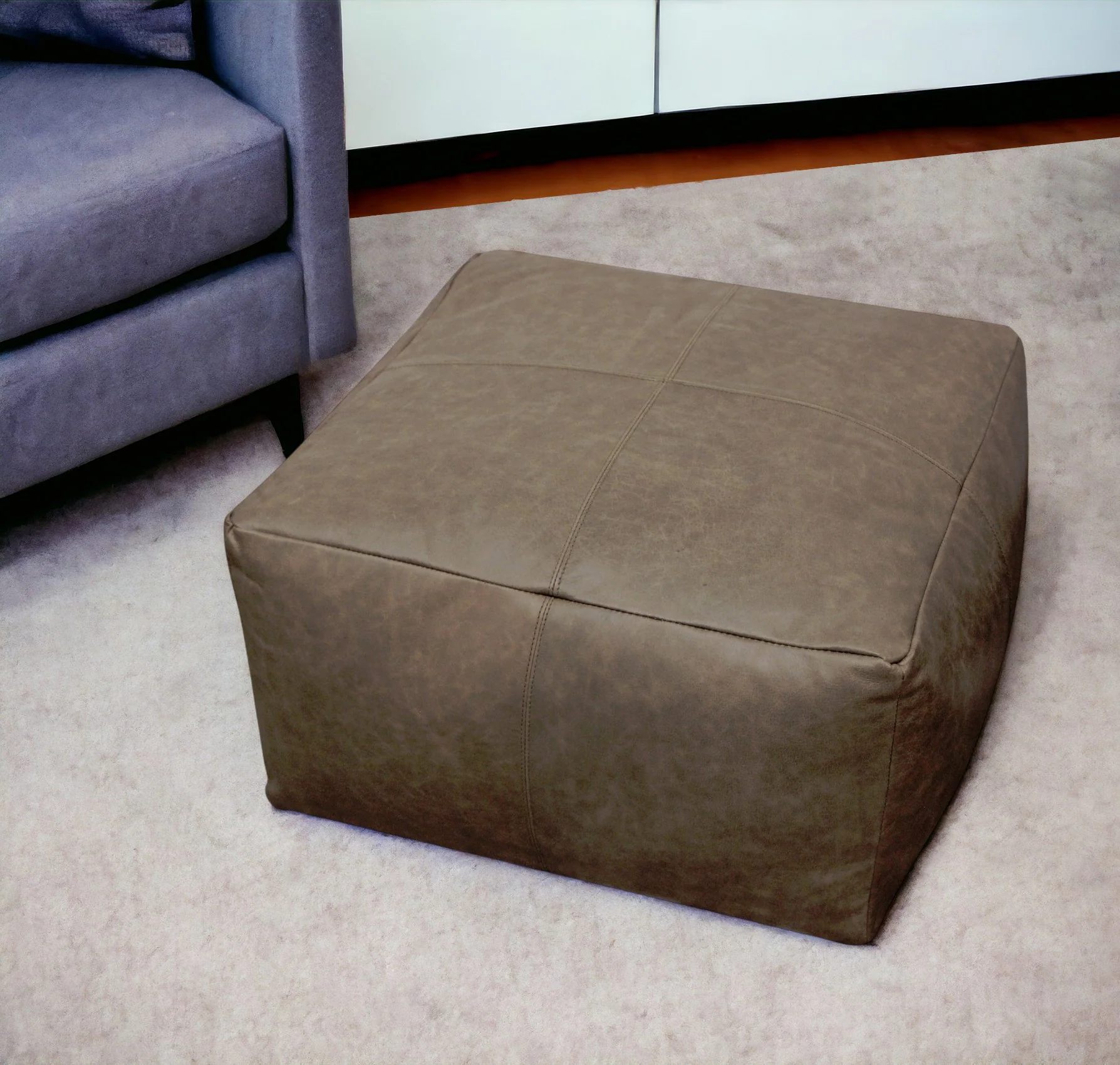 Gray Brown Distressed Leather Pouf Ottoman By Homeroots