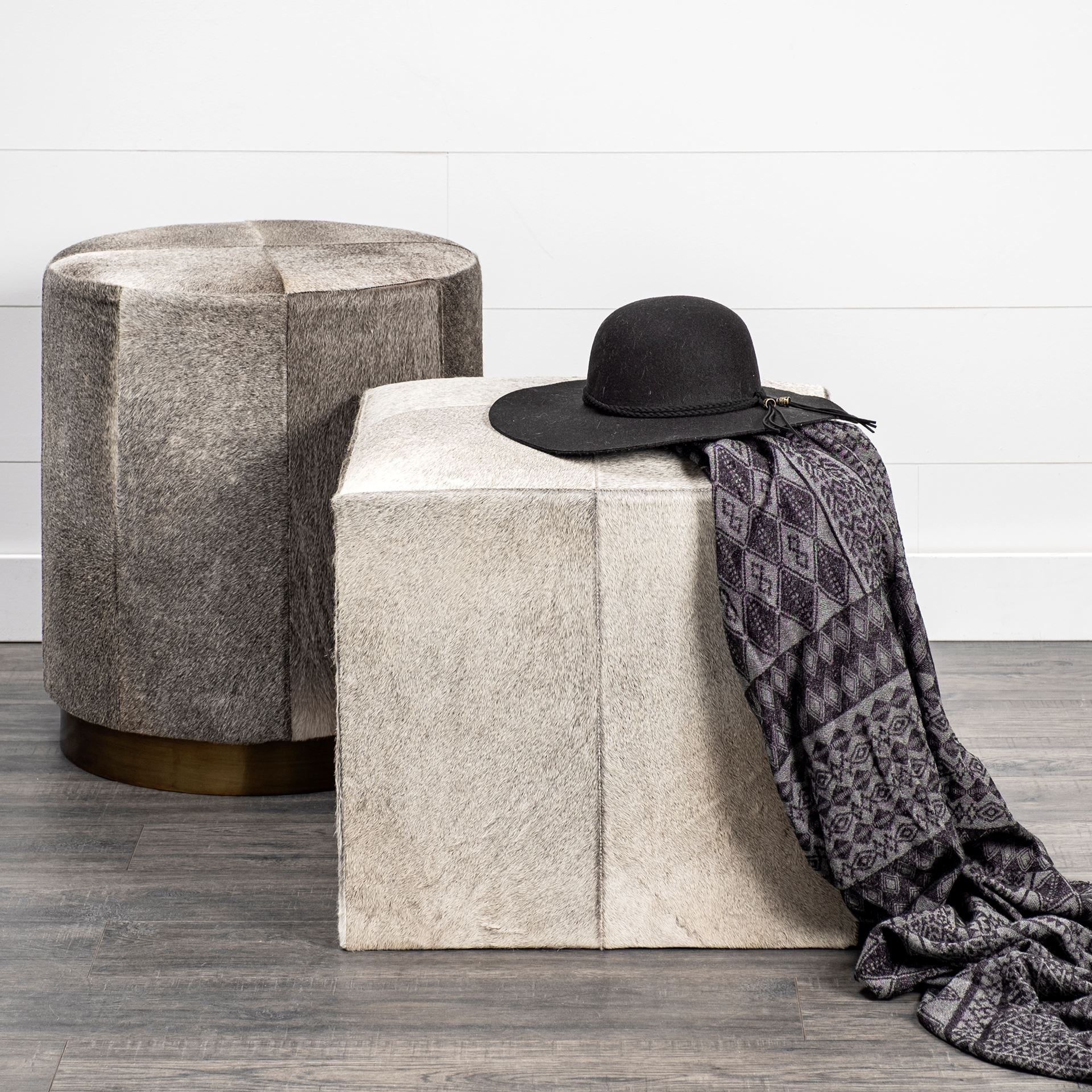 Gray Cowhide Tall Ottoman with Metal Base By Homeroots - Image 2