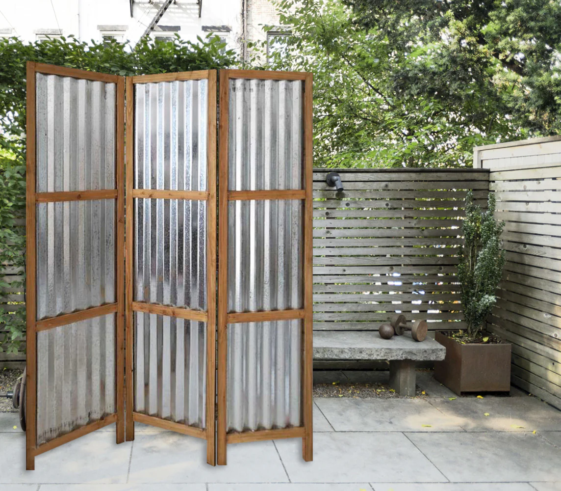 Gray Industrial Galvanized Metal Three Panel Room Divider Screen By Homeroots