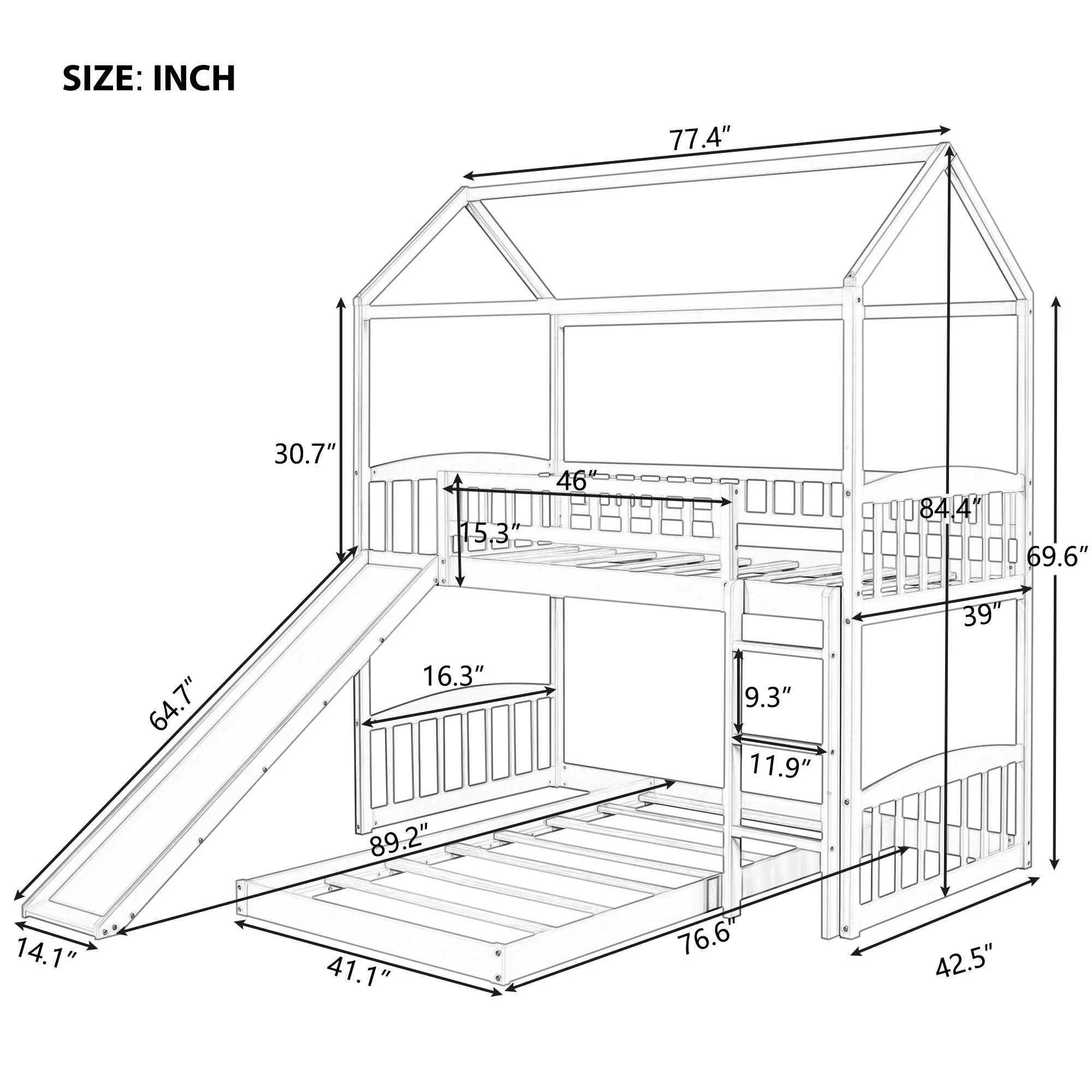 Gray Playhouse Frame Full Over Full Perpendicular Bunk Bed With Slide By Homeroots - Image 9