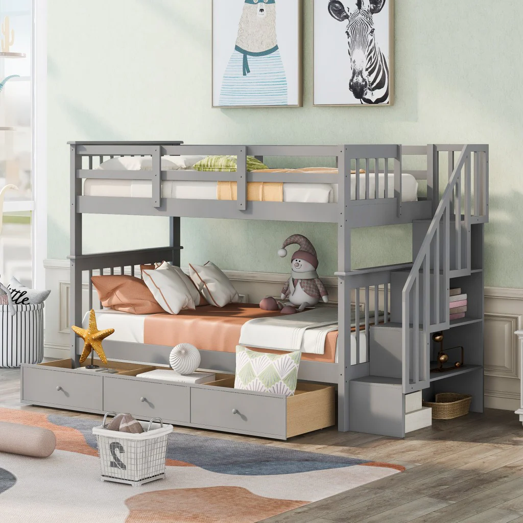 Gray Twin Over Twin Bunk Bed With Stairway And Drawers By Homeroots