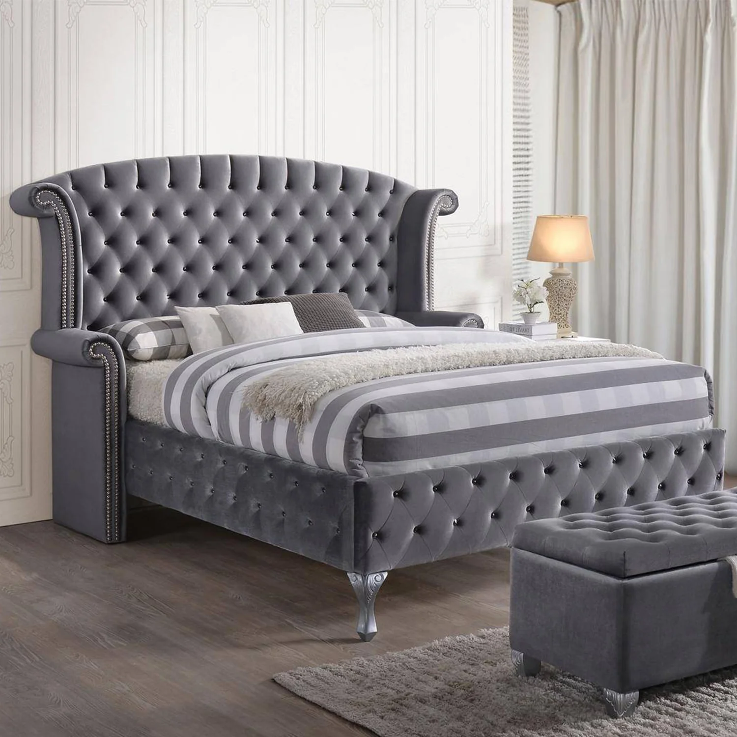 Gray Velvet Queen Bed By Homeroots