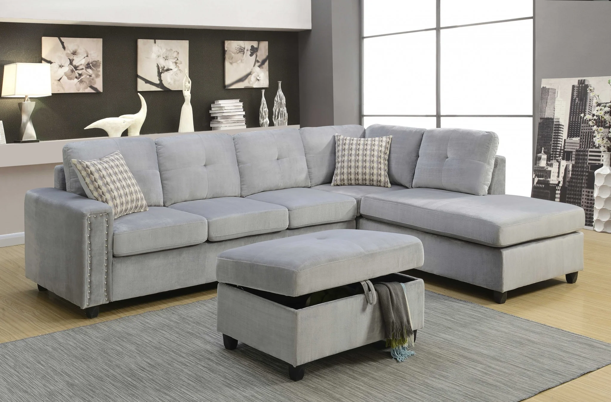 Gray Velvet Reversible Sectional Sofa With Pillows By Homeroots
