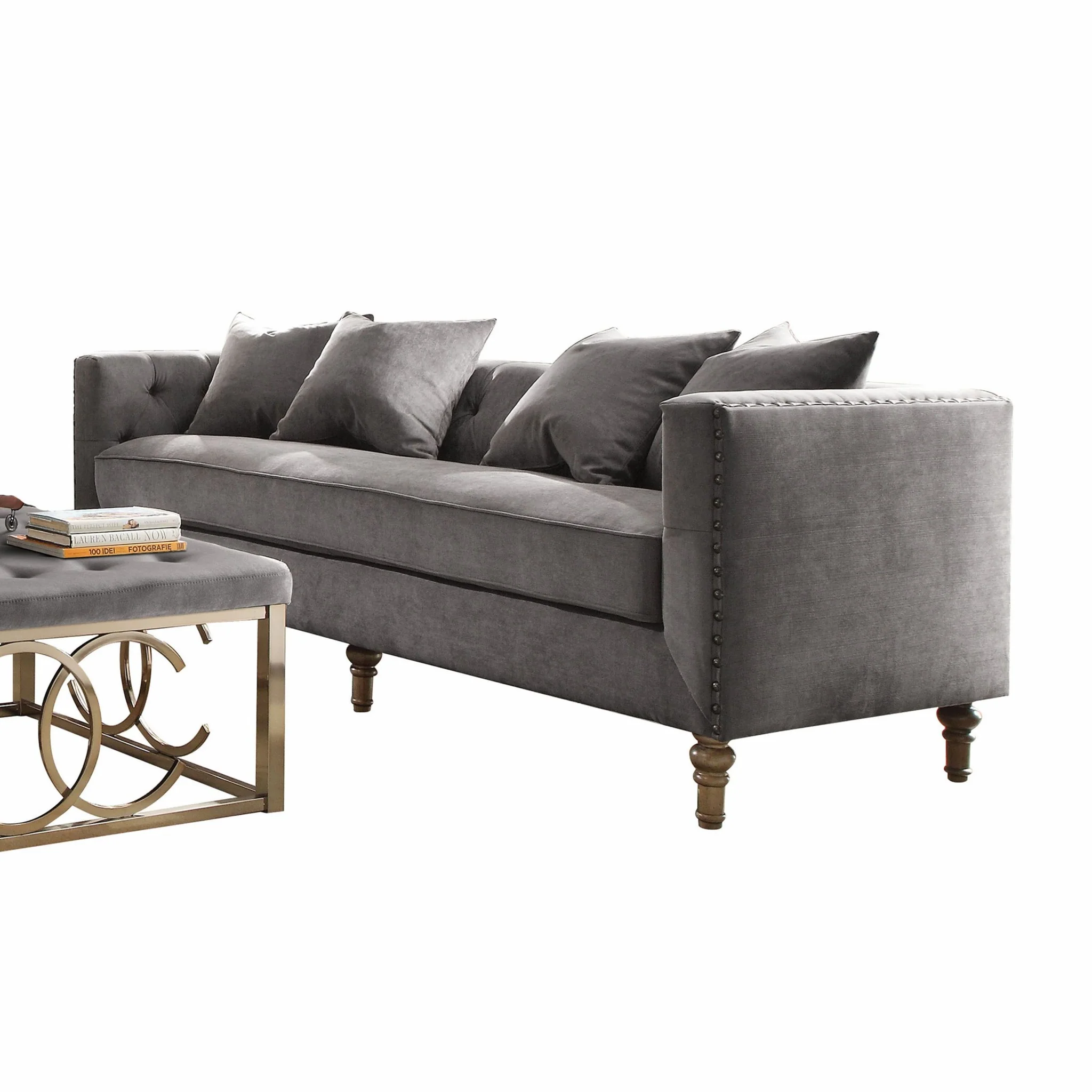 Gray Velvet Upholstery Sofa w Pillows By Homeroots