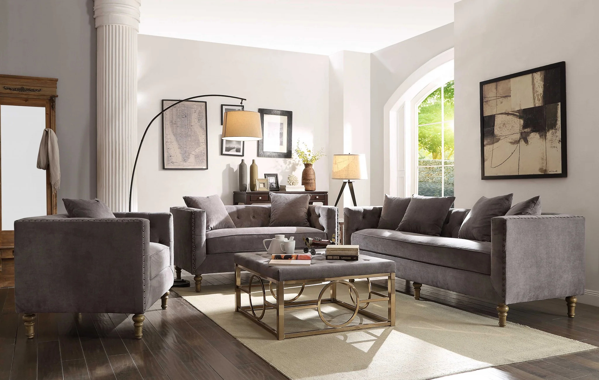 Gray Velvet Upholstery Sofa w Pillows By Homeroots - Image 2
